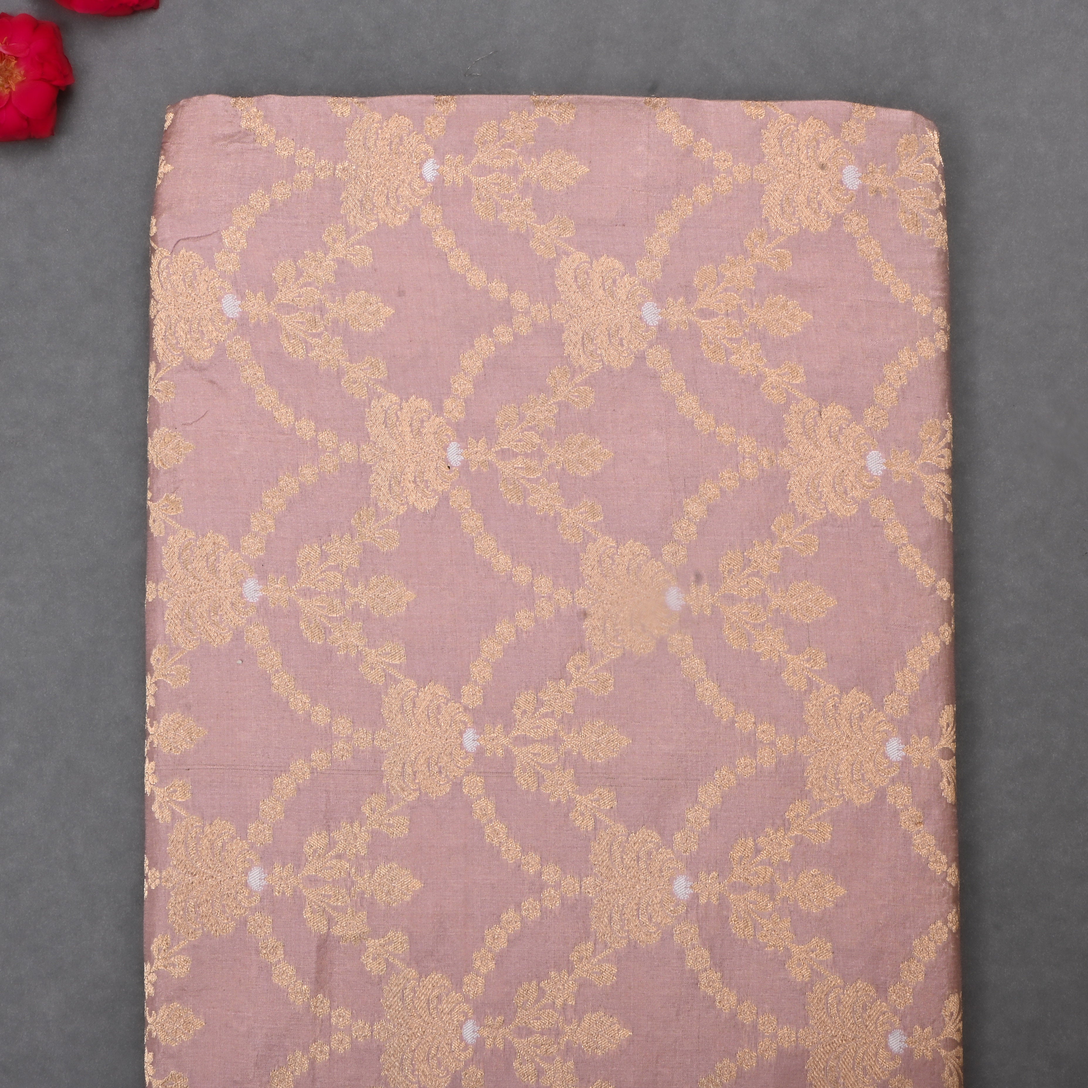 Rosy Brown Jamawar Silk Fabric With Scallop Design