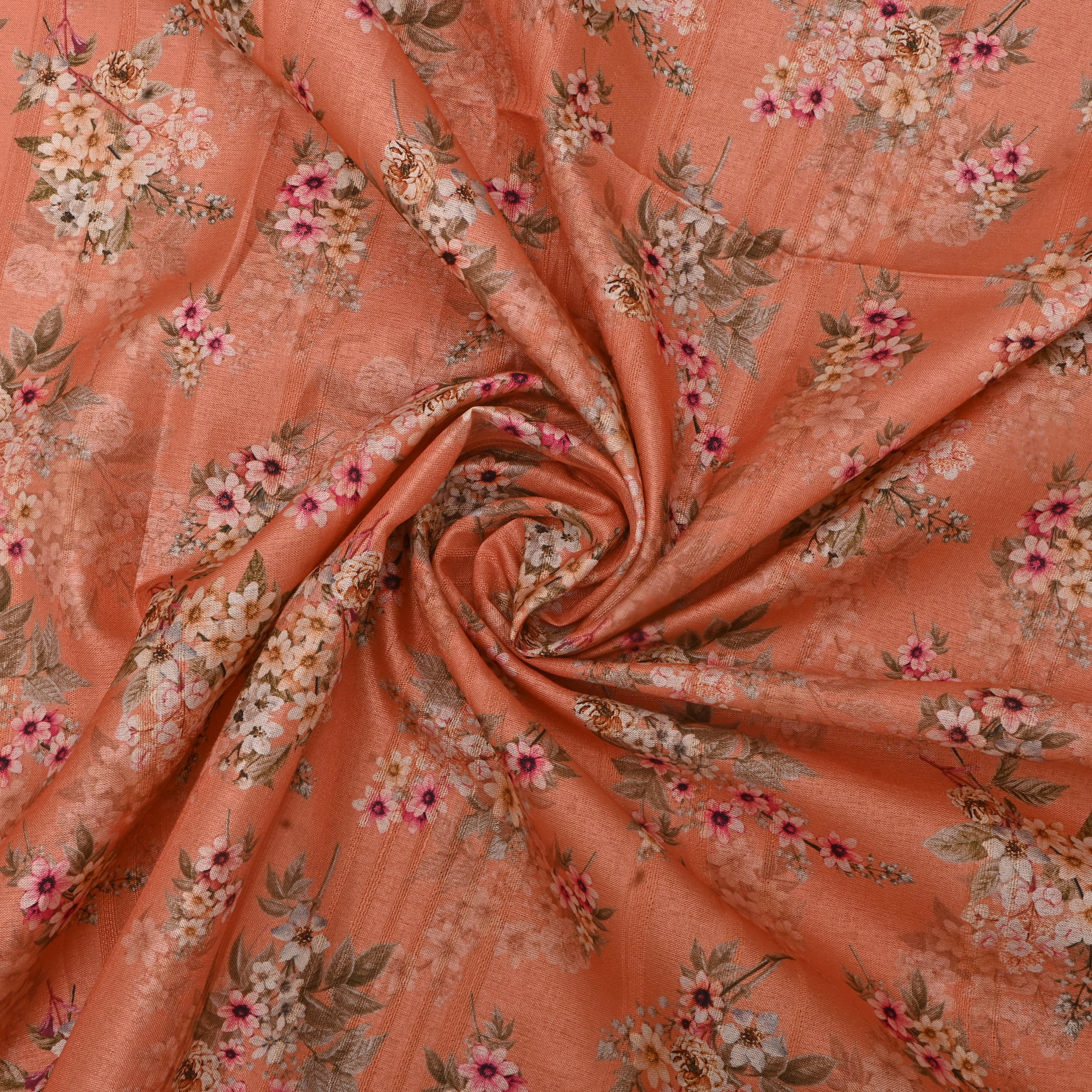 Dusty Orange Tussar Fabric With Floral Prints