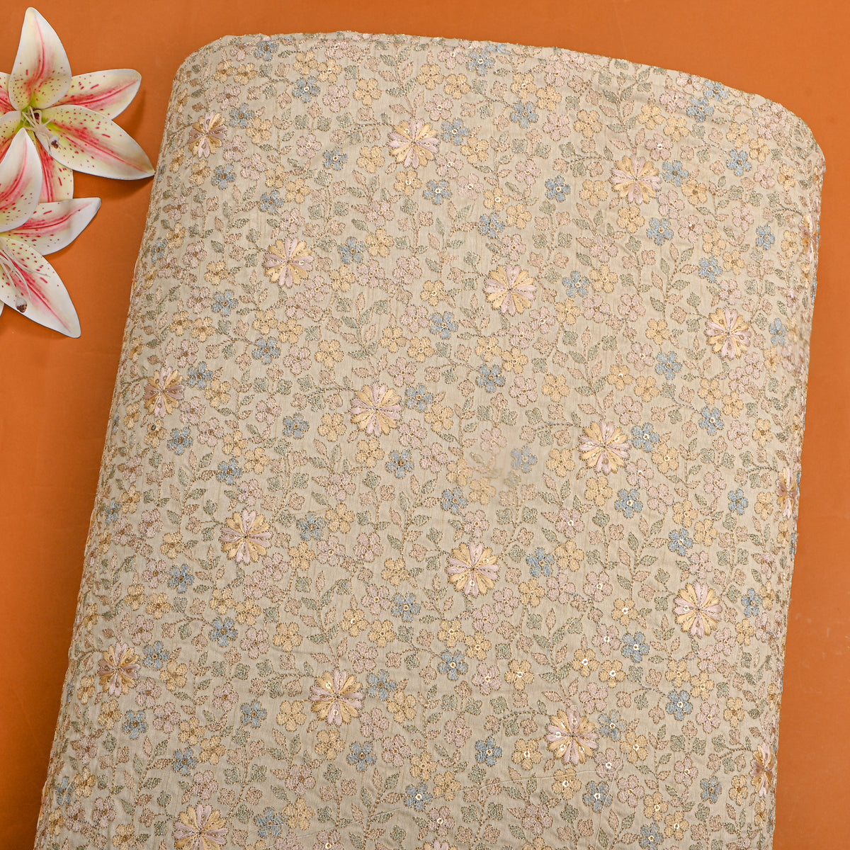 Cream Multicolour Floral Jaal Thread Work Silk Fabric