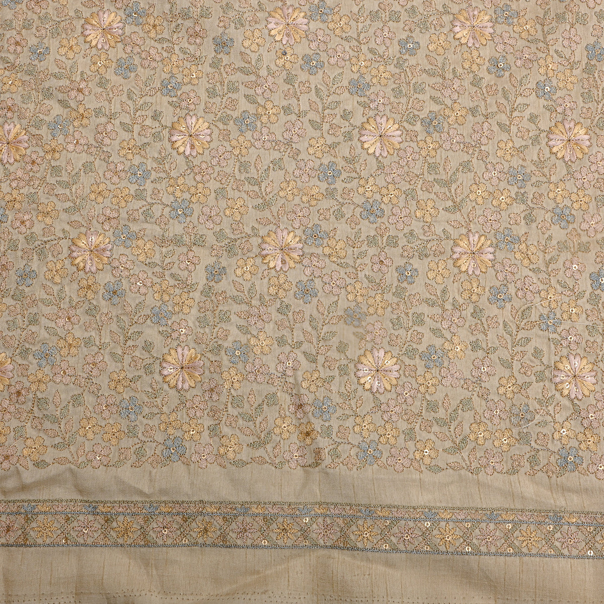 Cream Multicolour Floral Jaal Thread Work Silk Fabric