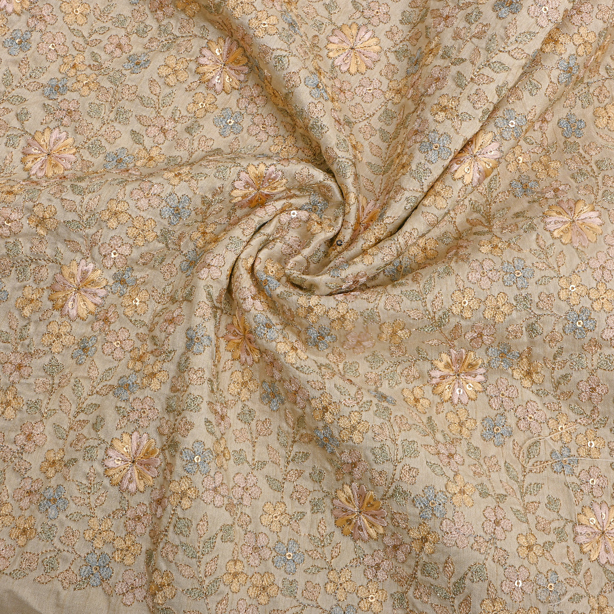 Cream Multicolour Floral Jaal Thread Work Silk Fabric