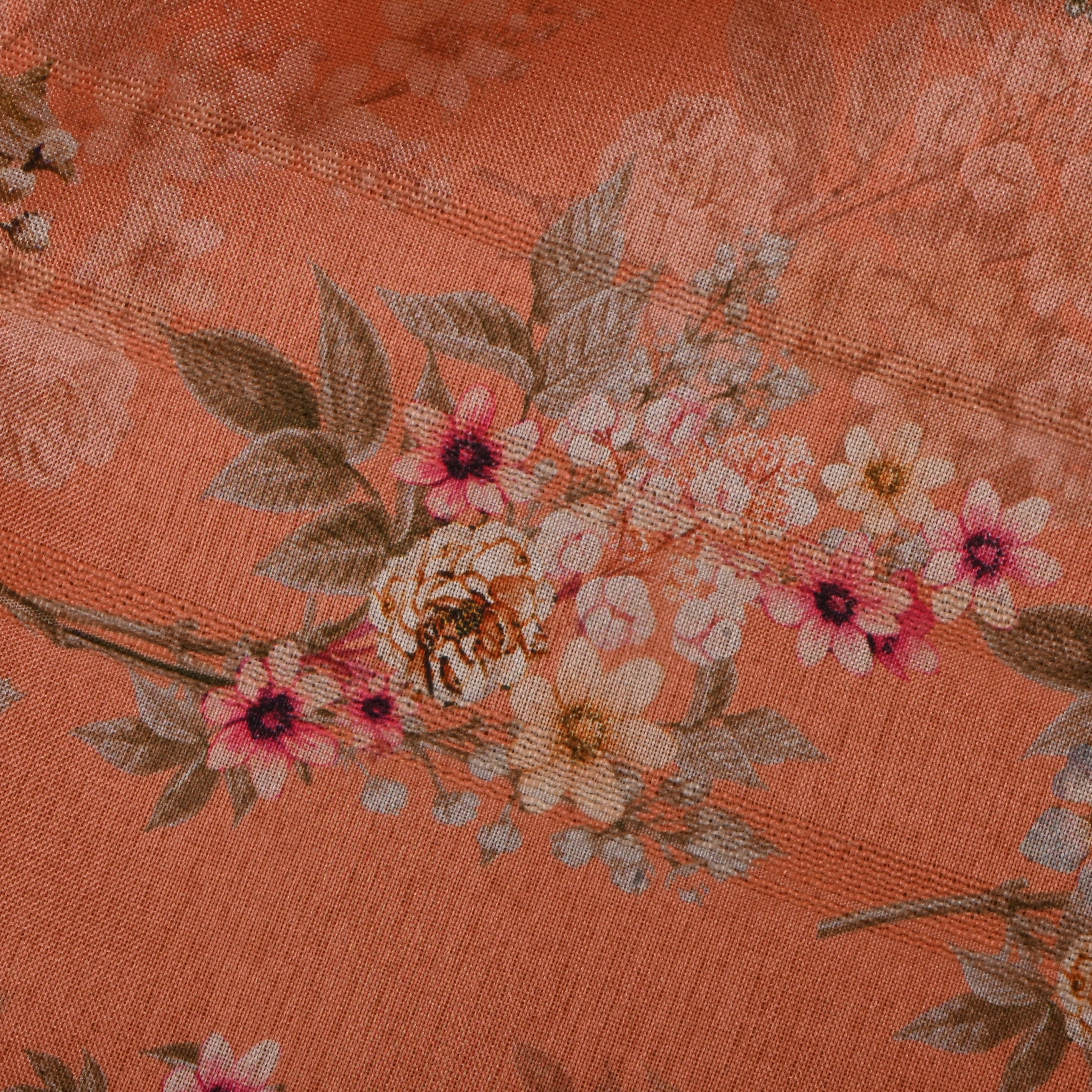 Dusty Orange Tussar Fabric With Floral Prints