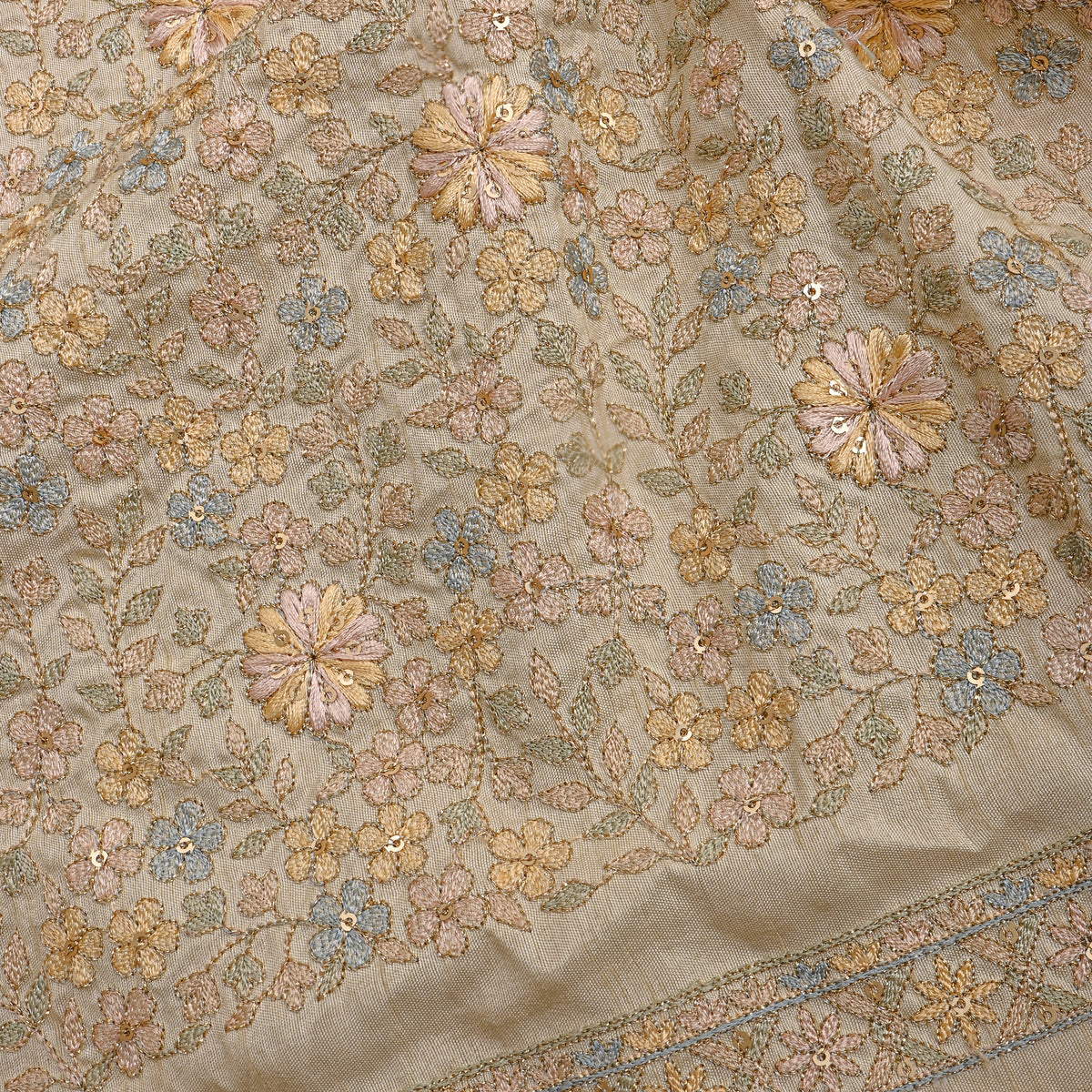 Cream Multicolour Floral Jaal Thread Work Silk Fabric