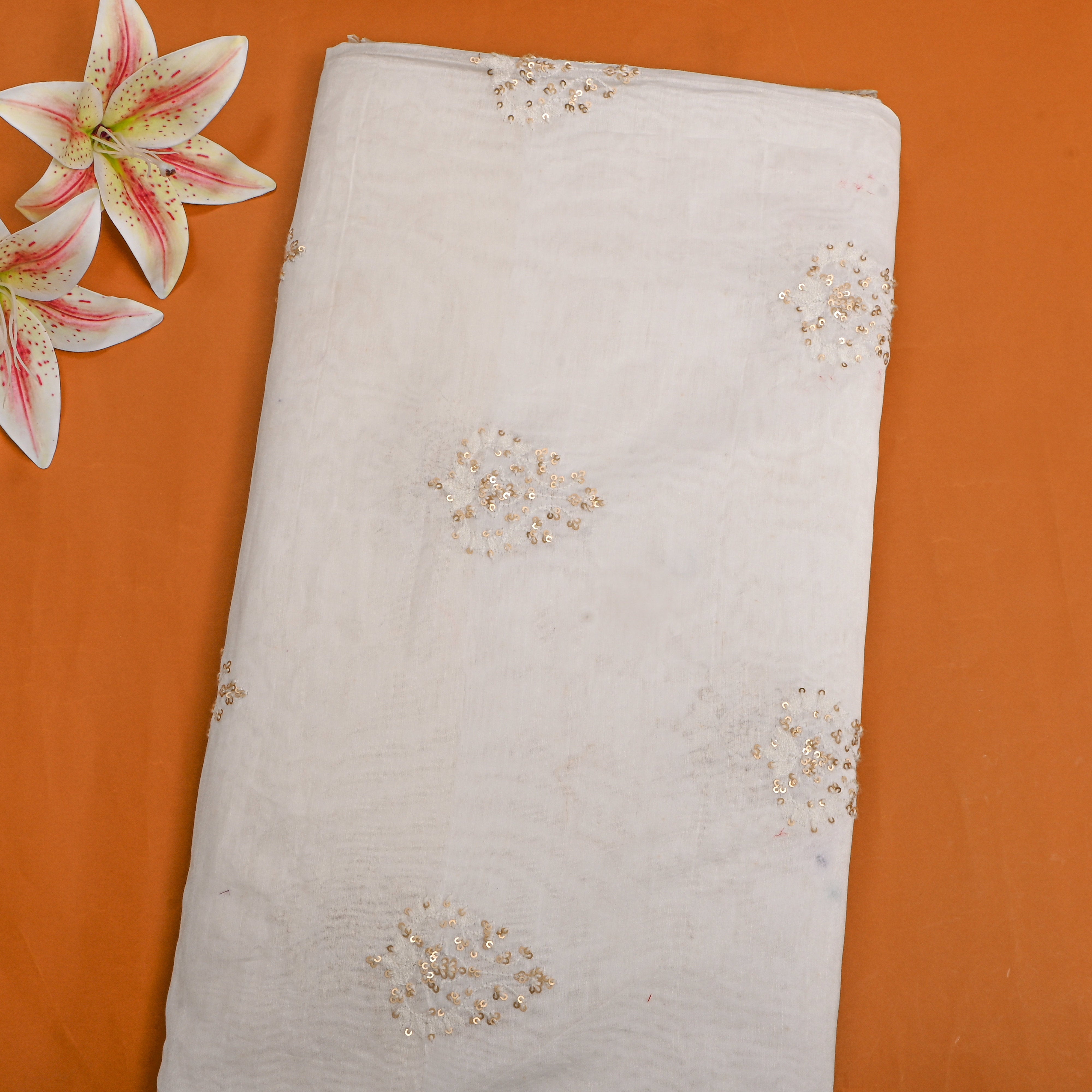 White Gold Sequin Booti Chanderi Fabric