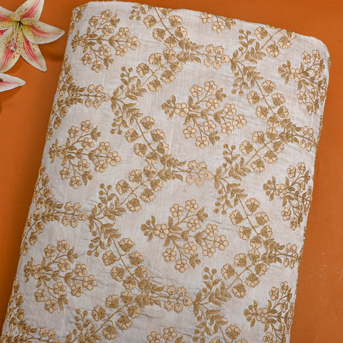 White Gold Zari Geometric Floral Raw Silk Fabric