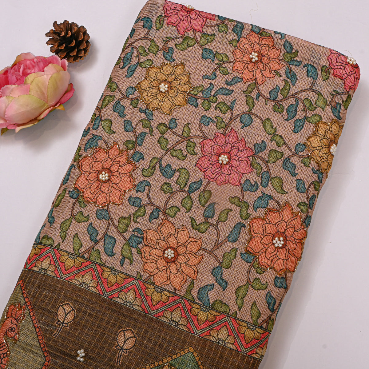 Blush Floral Print Embroidered Kota Doria Fabric With Bird Border