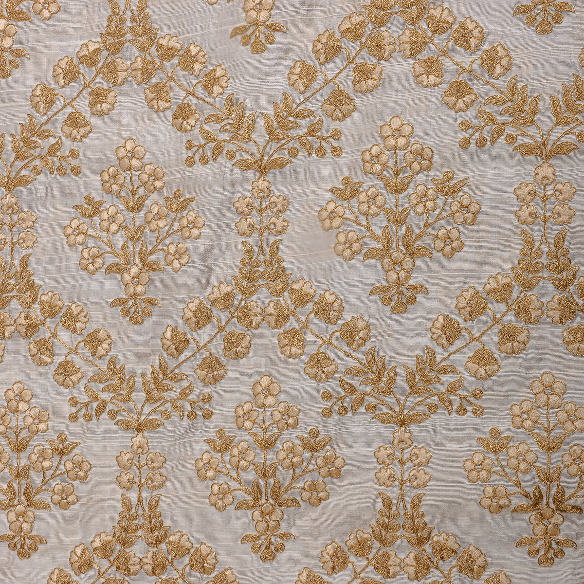White Gold Zari Geometric Floral Raw Silk Fabric