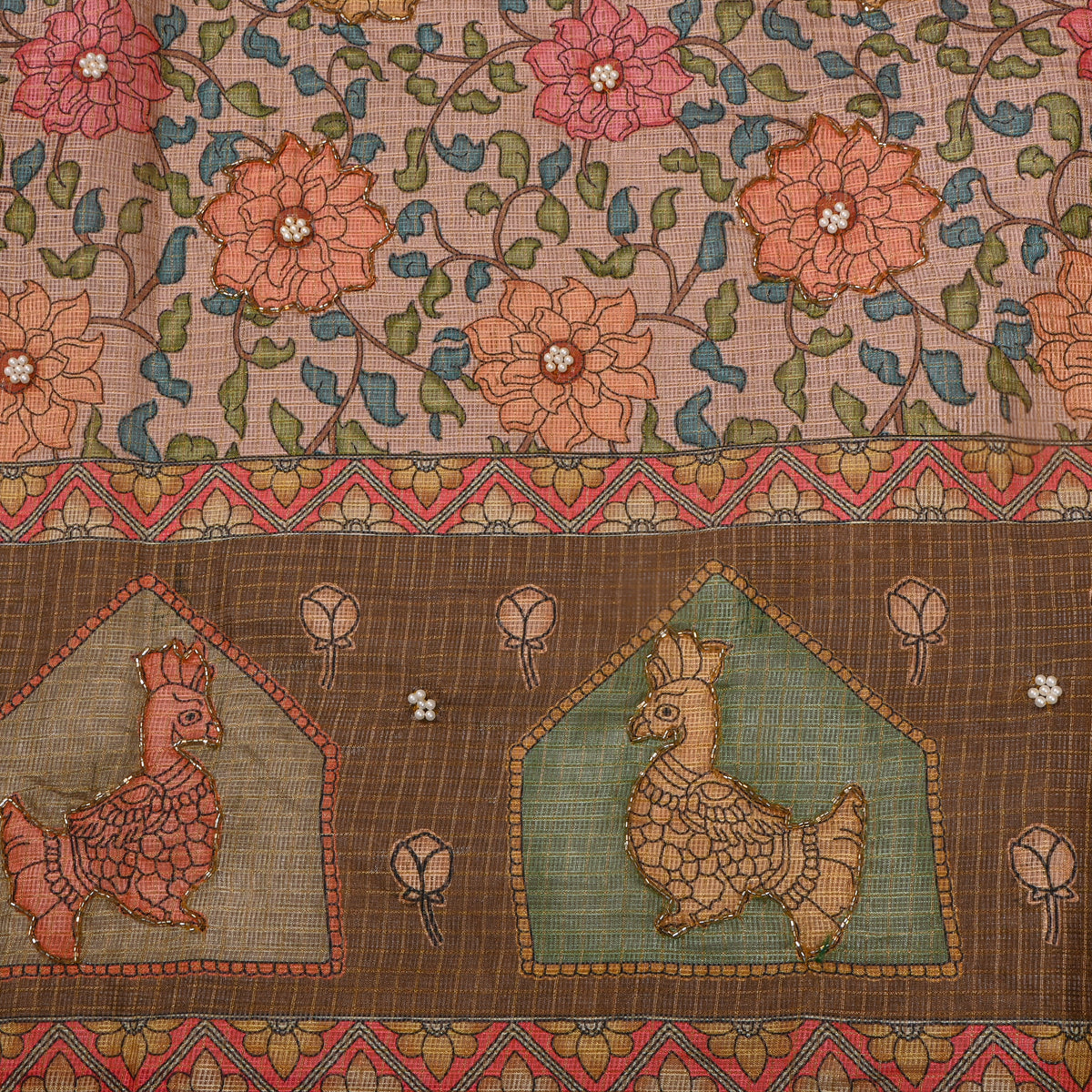 Blush Floral Print Embroidered Kota Doria Fabric With Bird Border