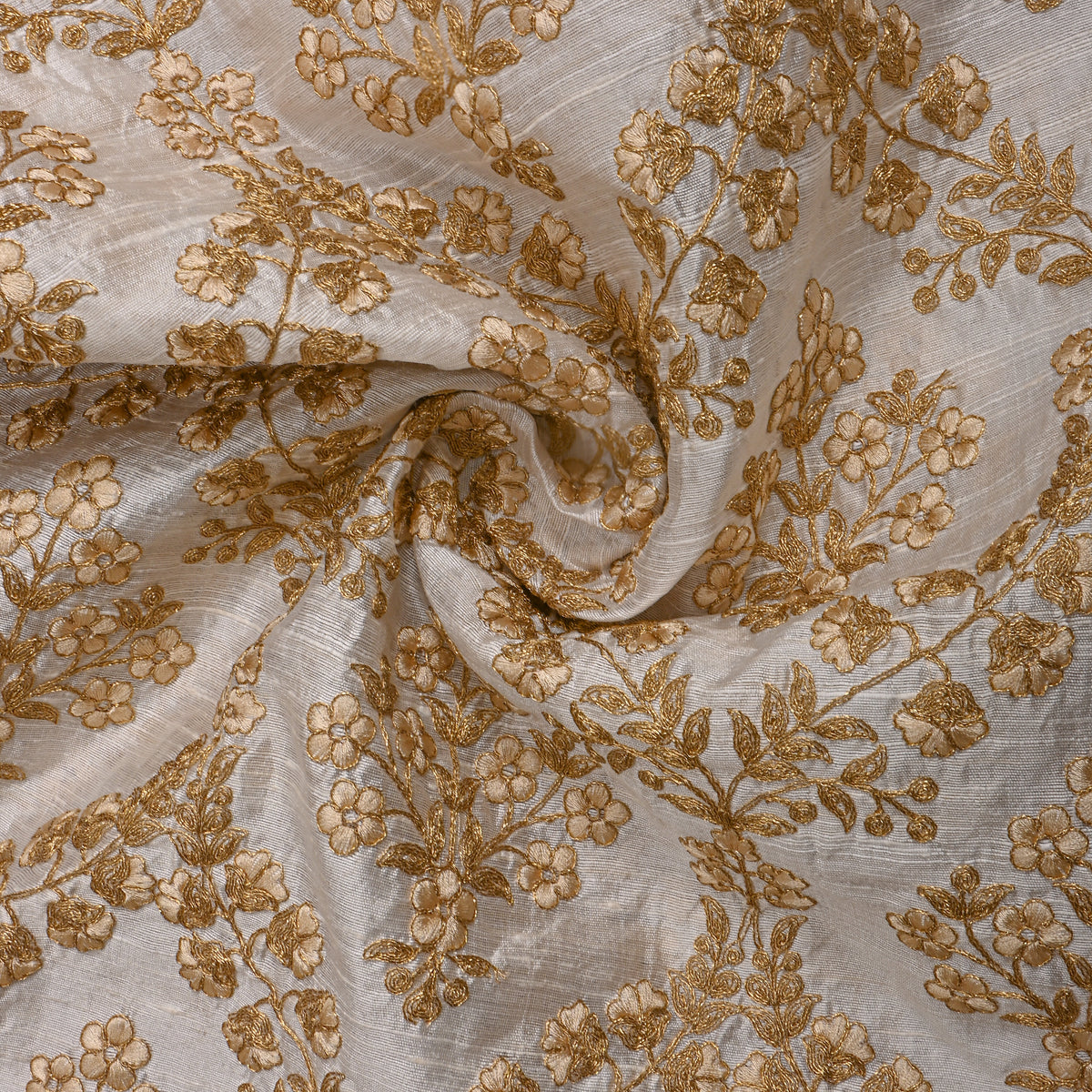White Gold Zari Geometric Floral Raw Silk Fabric