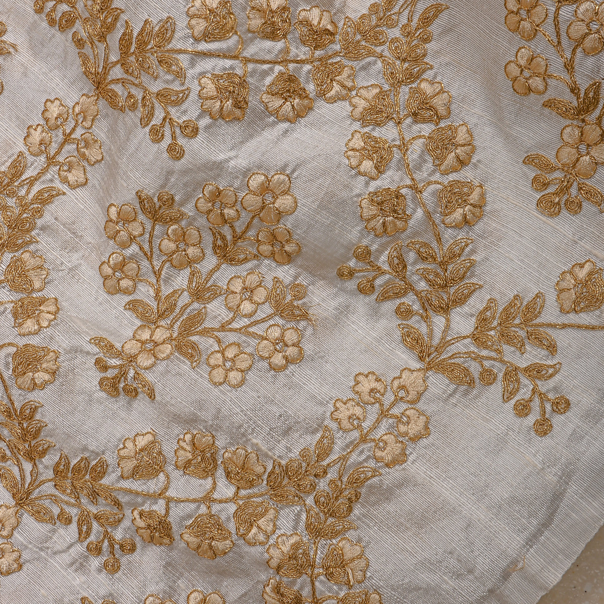 White Gold Zari Geometric Floral Raw Silk Fabric