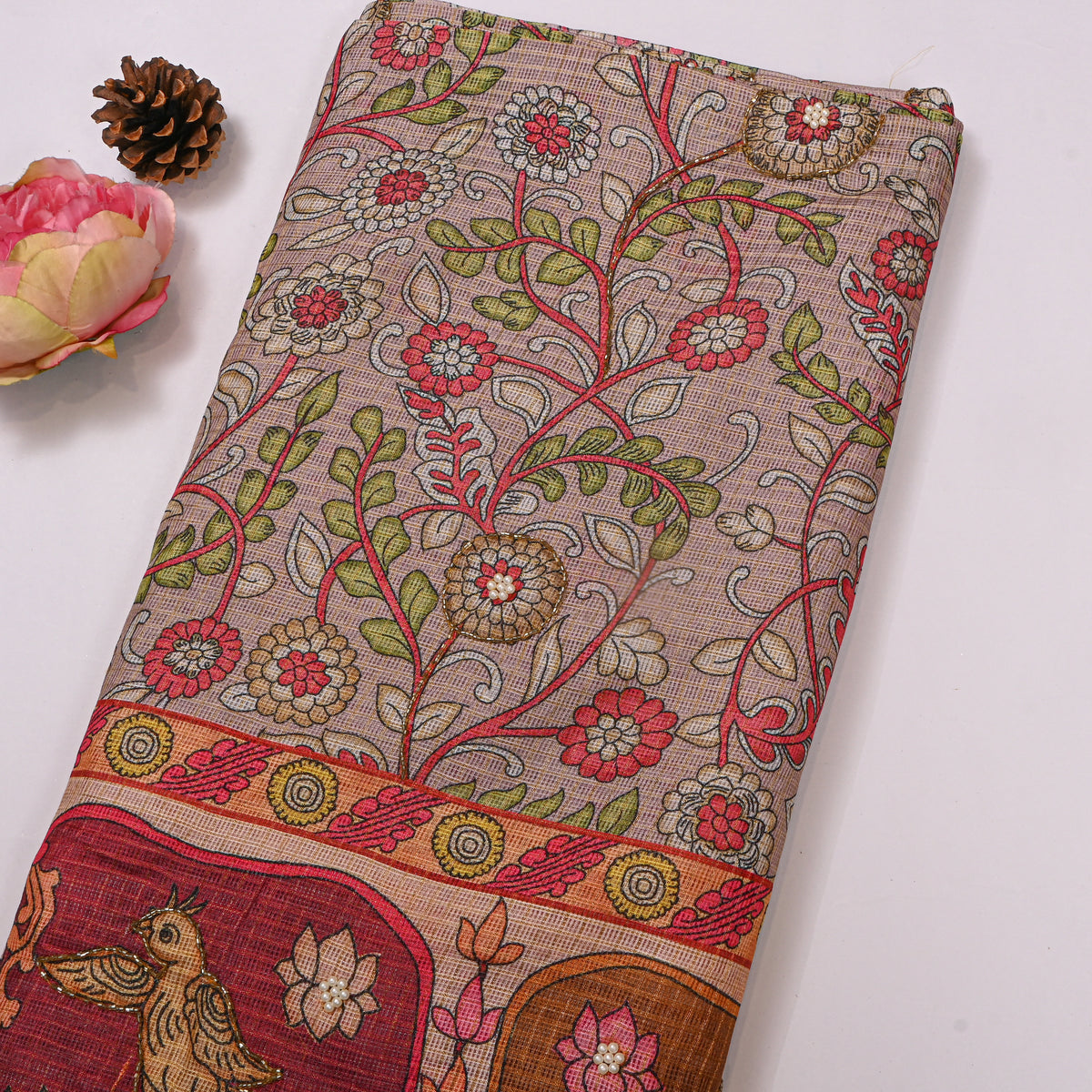 Taupe Floral Vine Print Embroidered Kota Doria Fabric