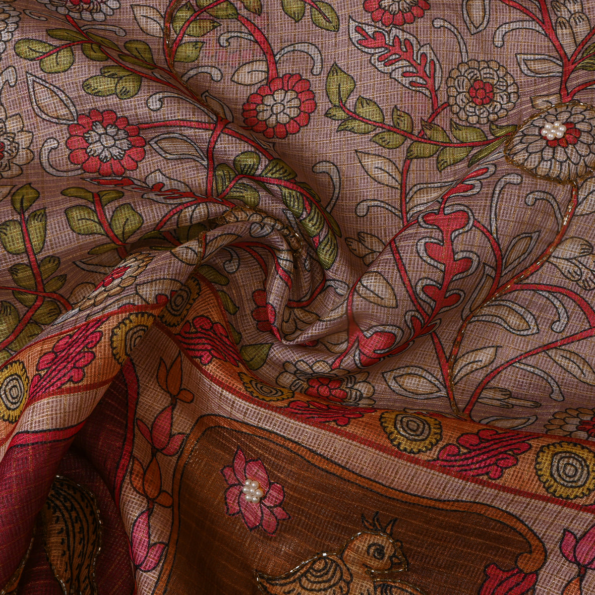 Taupe Floral Vine Print Embroidered Kota Doria Fabric