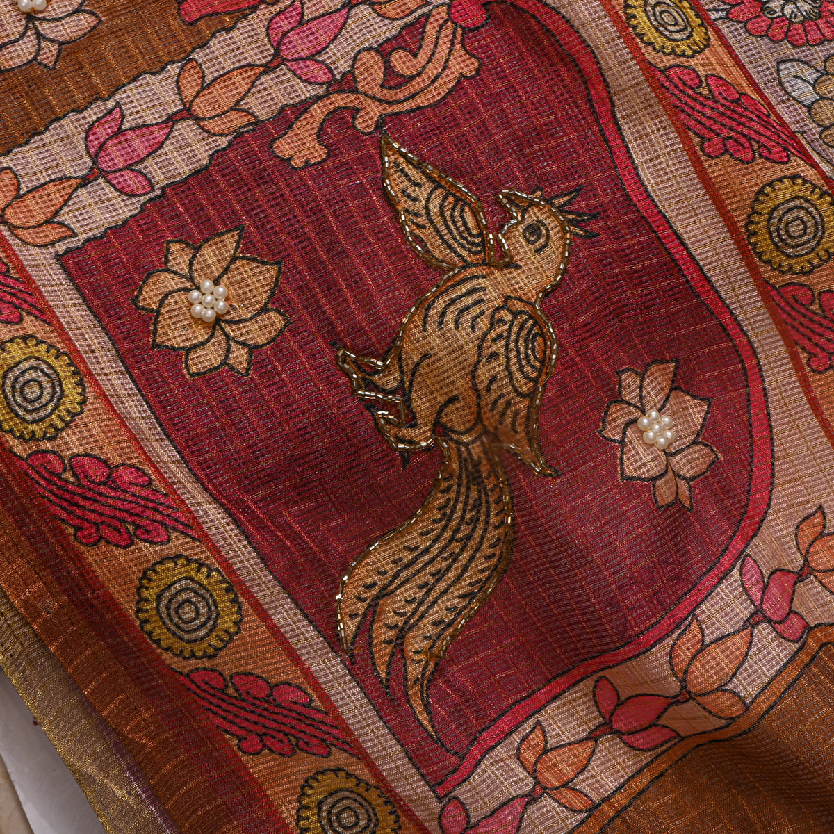 Taupe Floral Vine Print Embroidered Kota Doria Fabric
