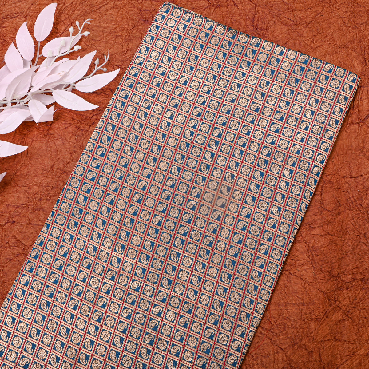 Blue Antique Gold Zari Checks Butti Jamawar Silk Fabric