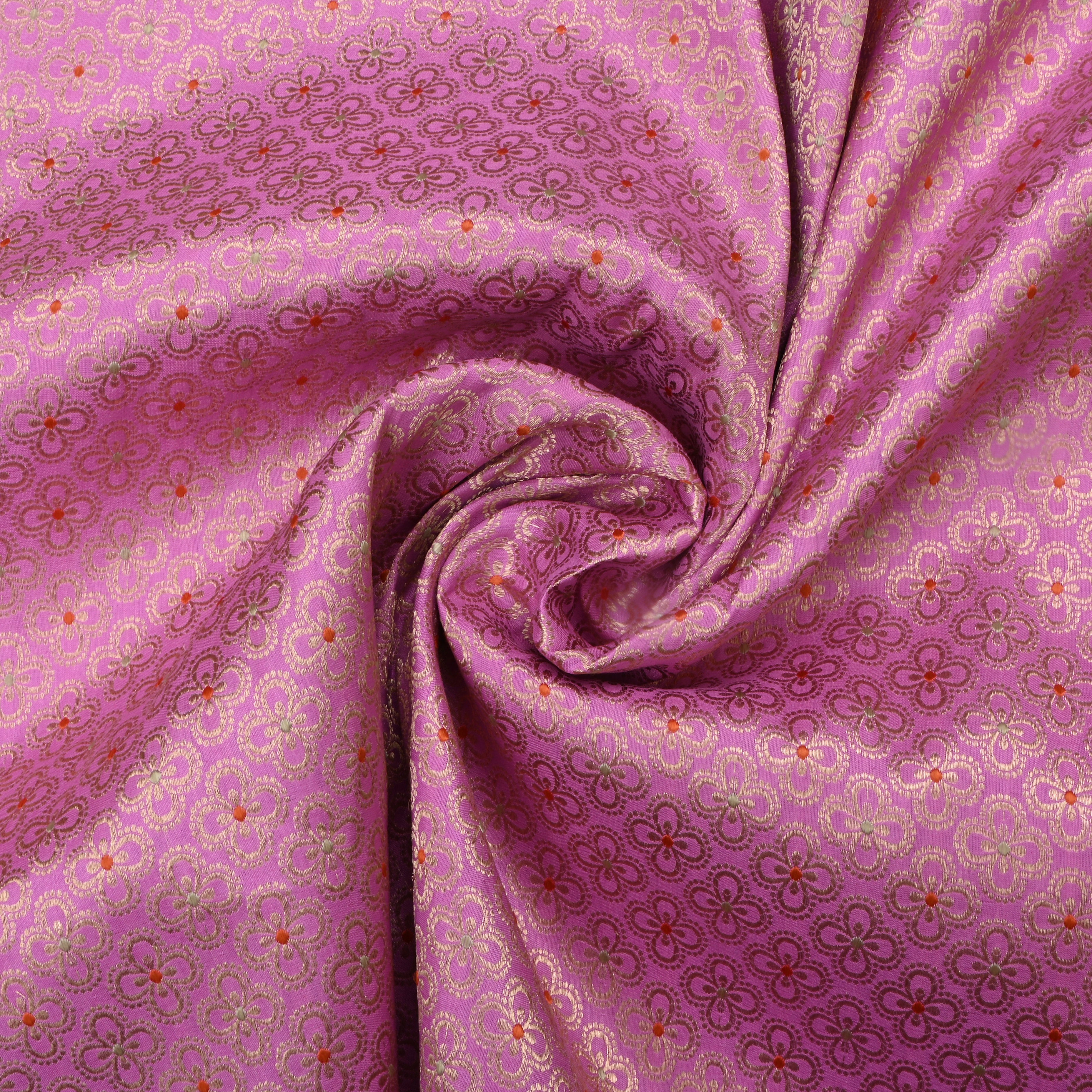 Lavender Pink Jamawar Silk Fabric With Floral Motifs
