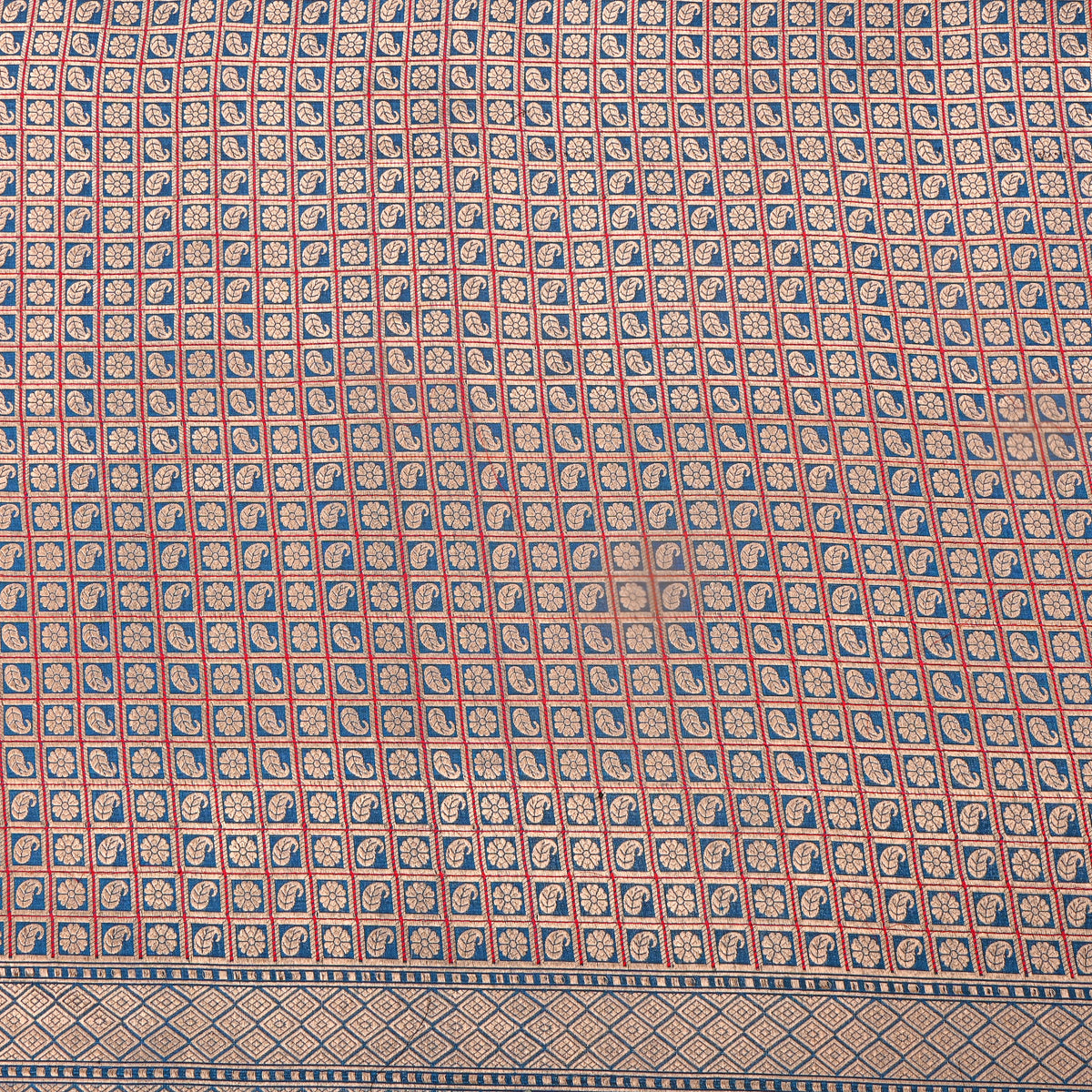 Blue Antique Gold Zari Checks Butti Jamawar Silk Fabric