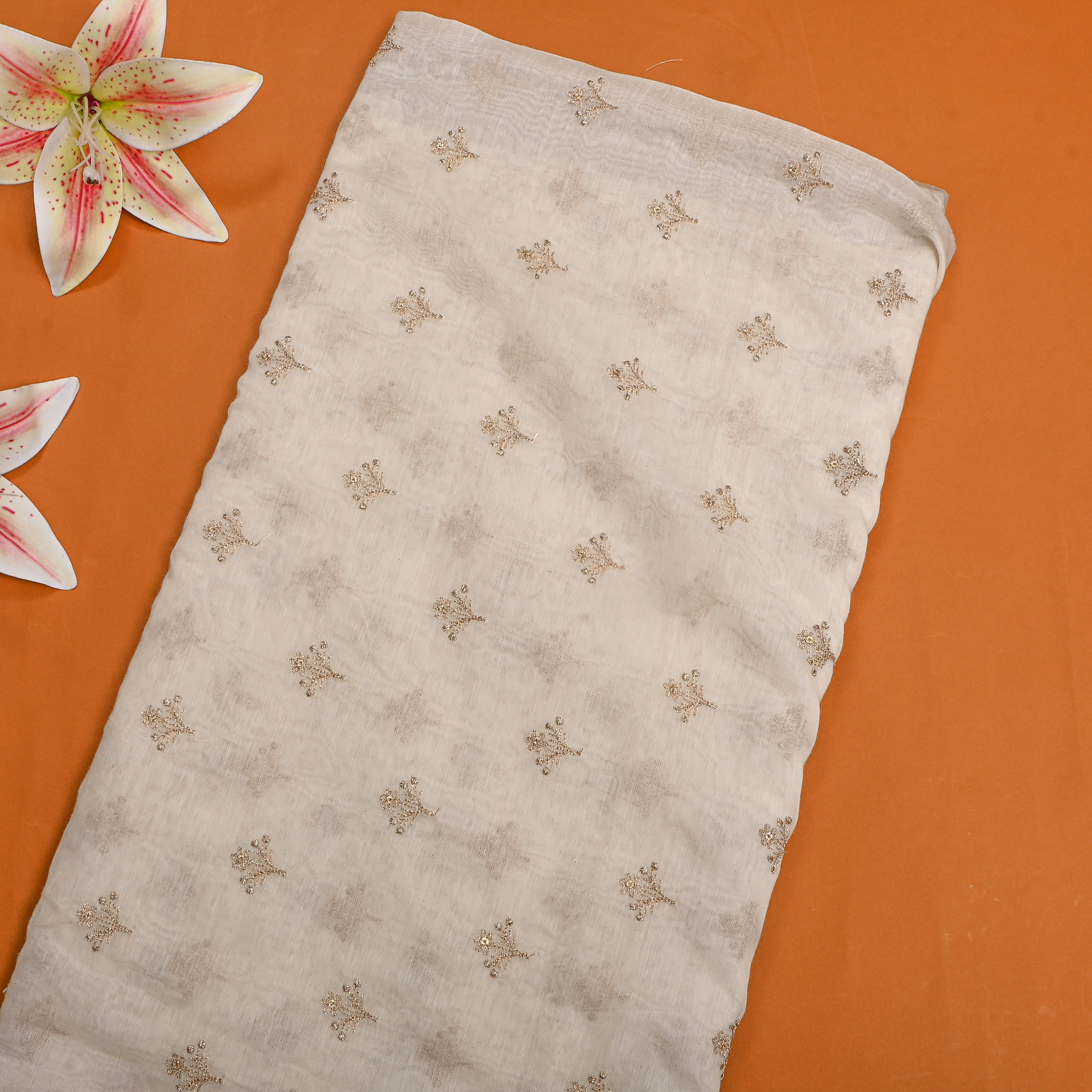 Gold Butti White Chanderi With Thin Border