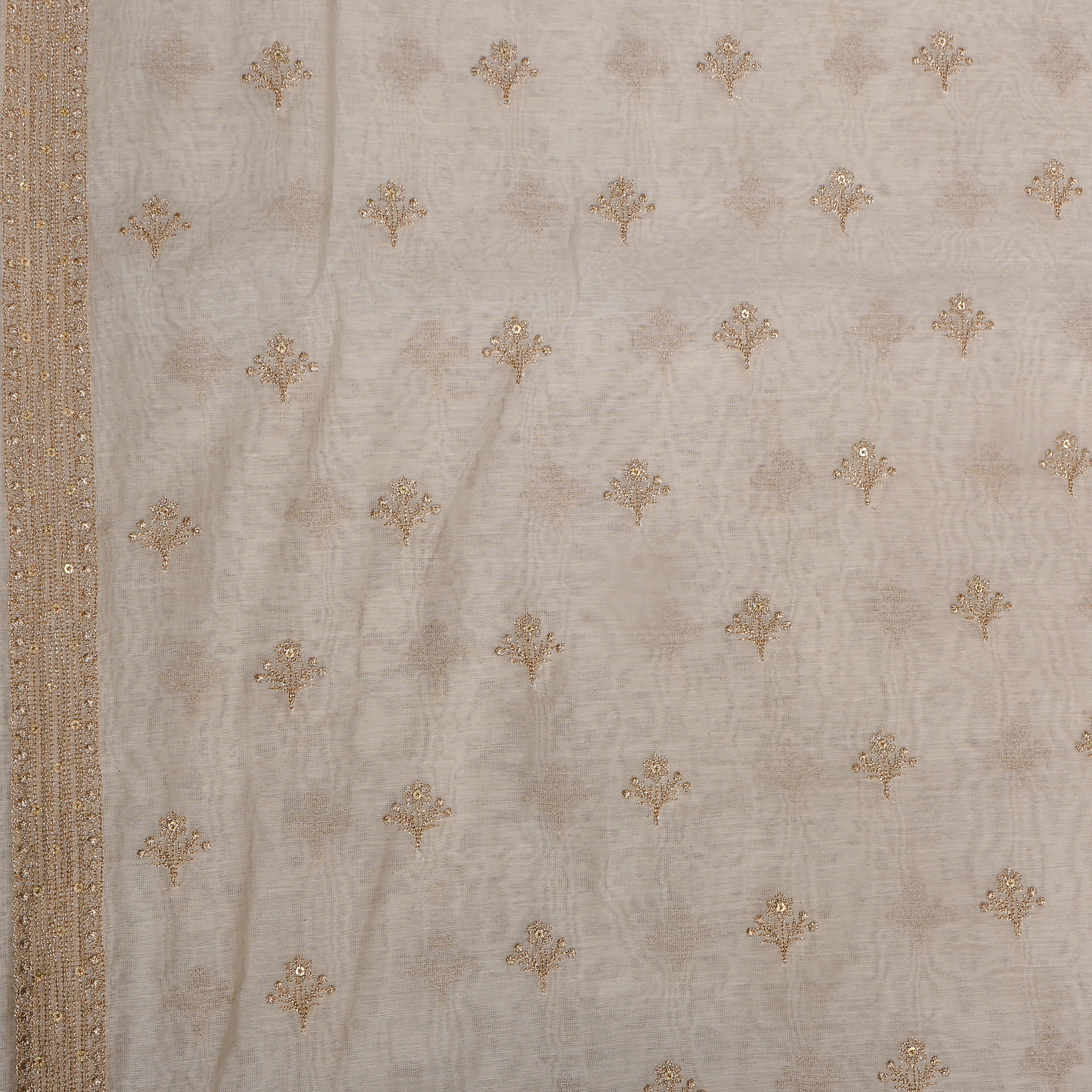 Gold Butti White Chanderi With Thin Border