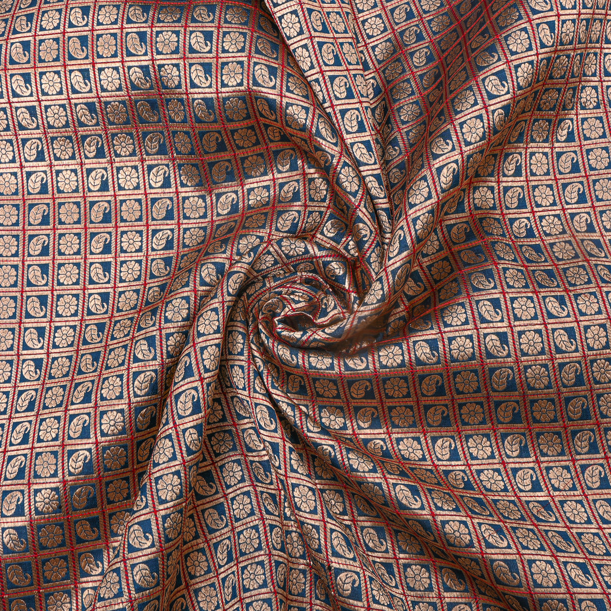 Blue Antique Gold Zari Checks Butti Jamawar Silk Fabric