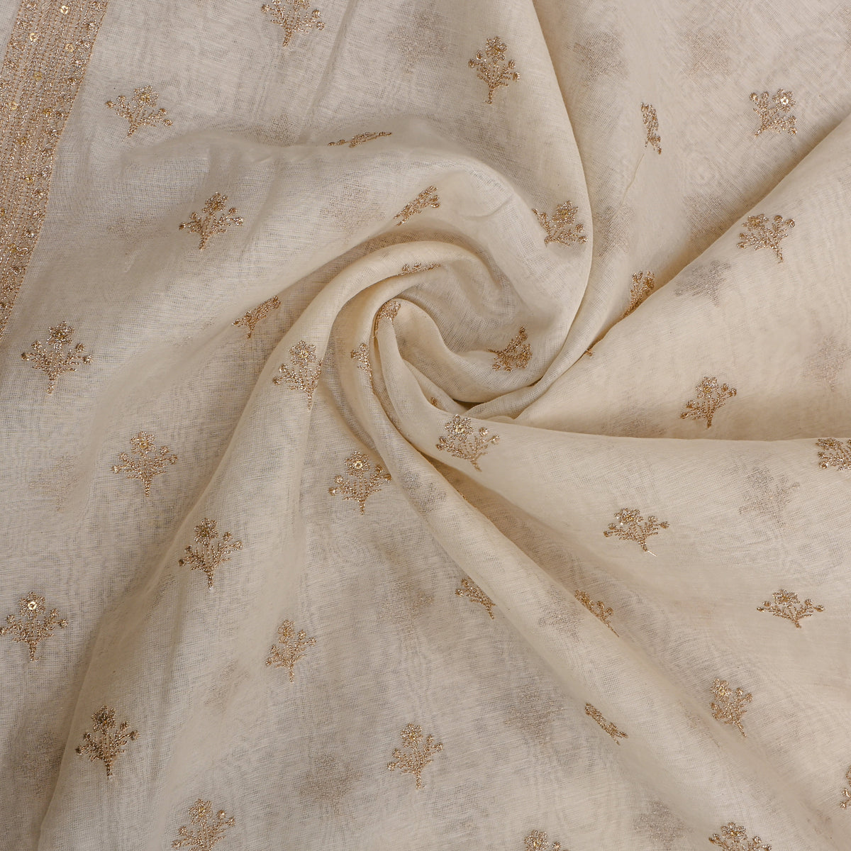Gold Butti White Chanderi With Thin Border