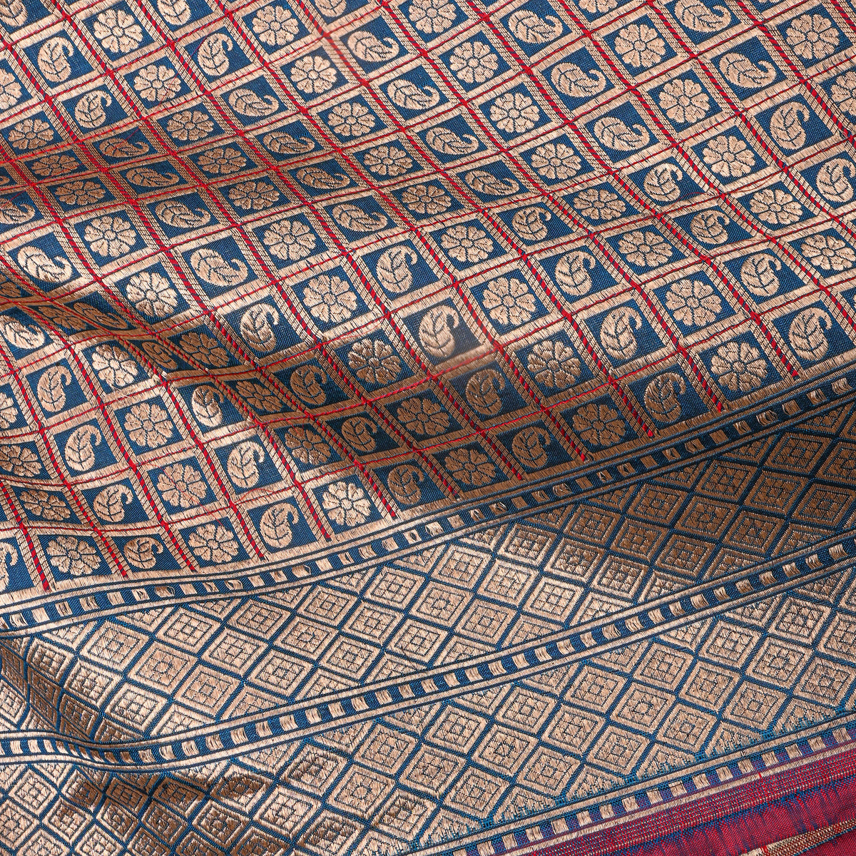 Blue Antique Gold Zari Checks Butti Jamawar Silk Fabric