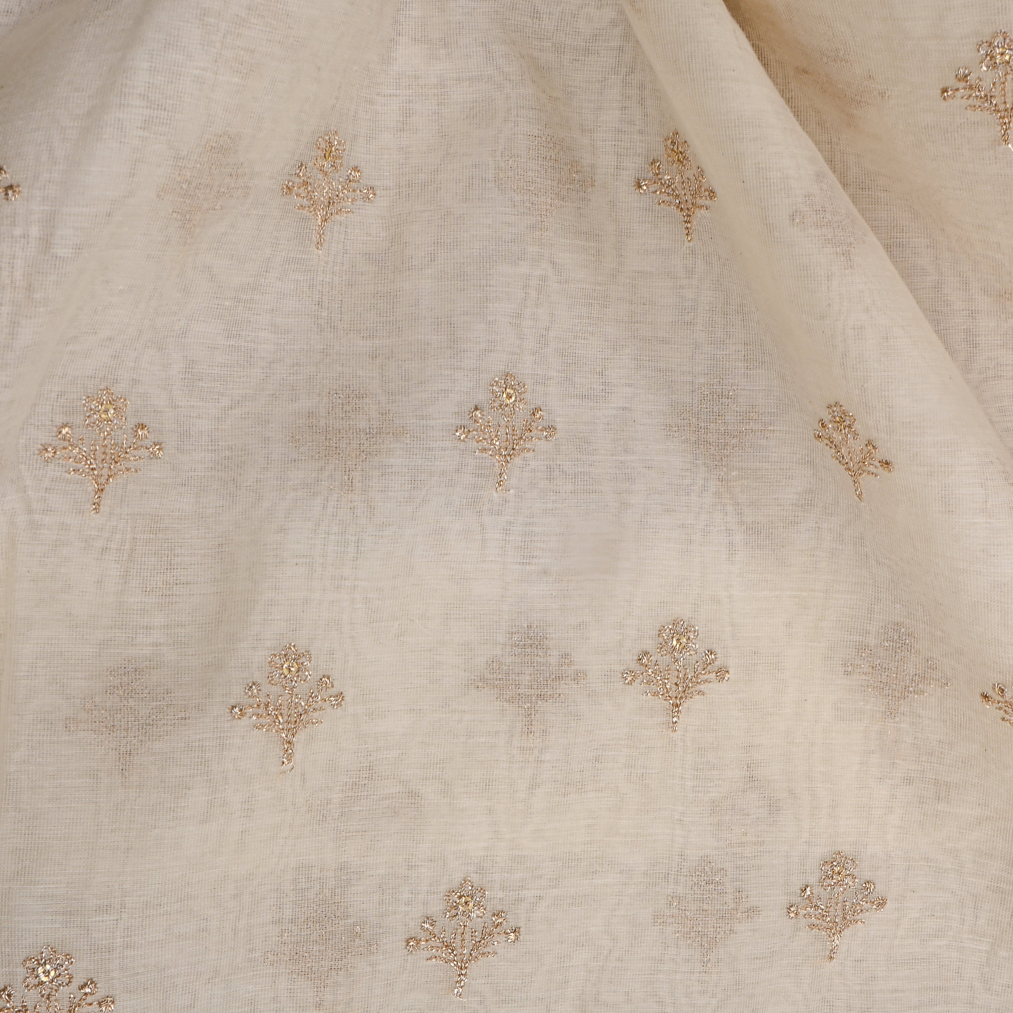 Gold Butti White Chanderi With Thin Border