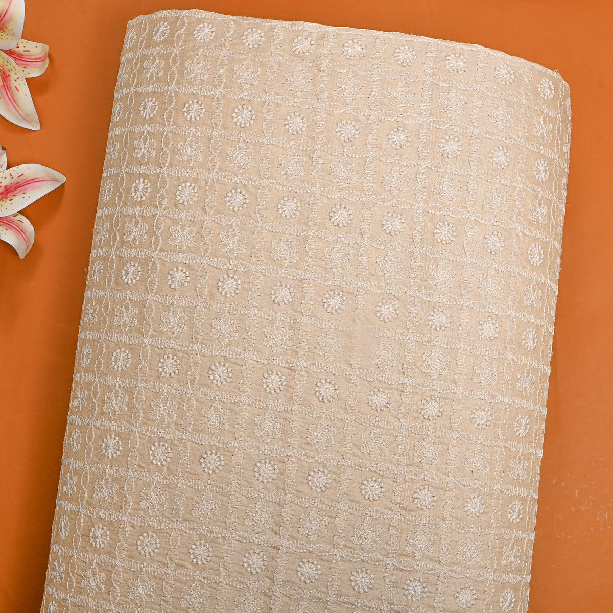 Beige Floral Butti Thread Work Tussar Fabric