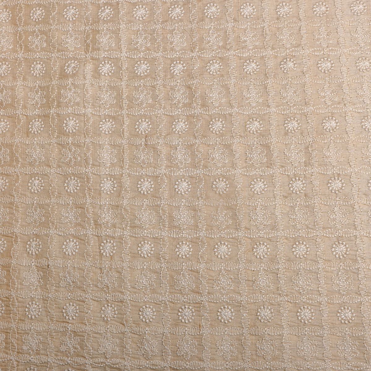 Beige Floral Butti Thread Work Tussar Fabric