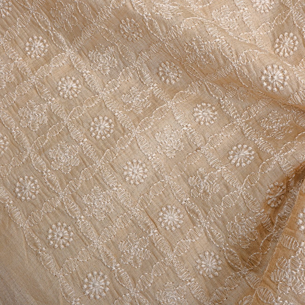 Beige Floral Butti Thread Work Tussar Fabric