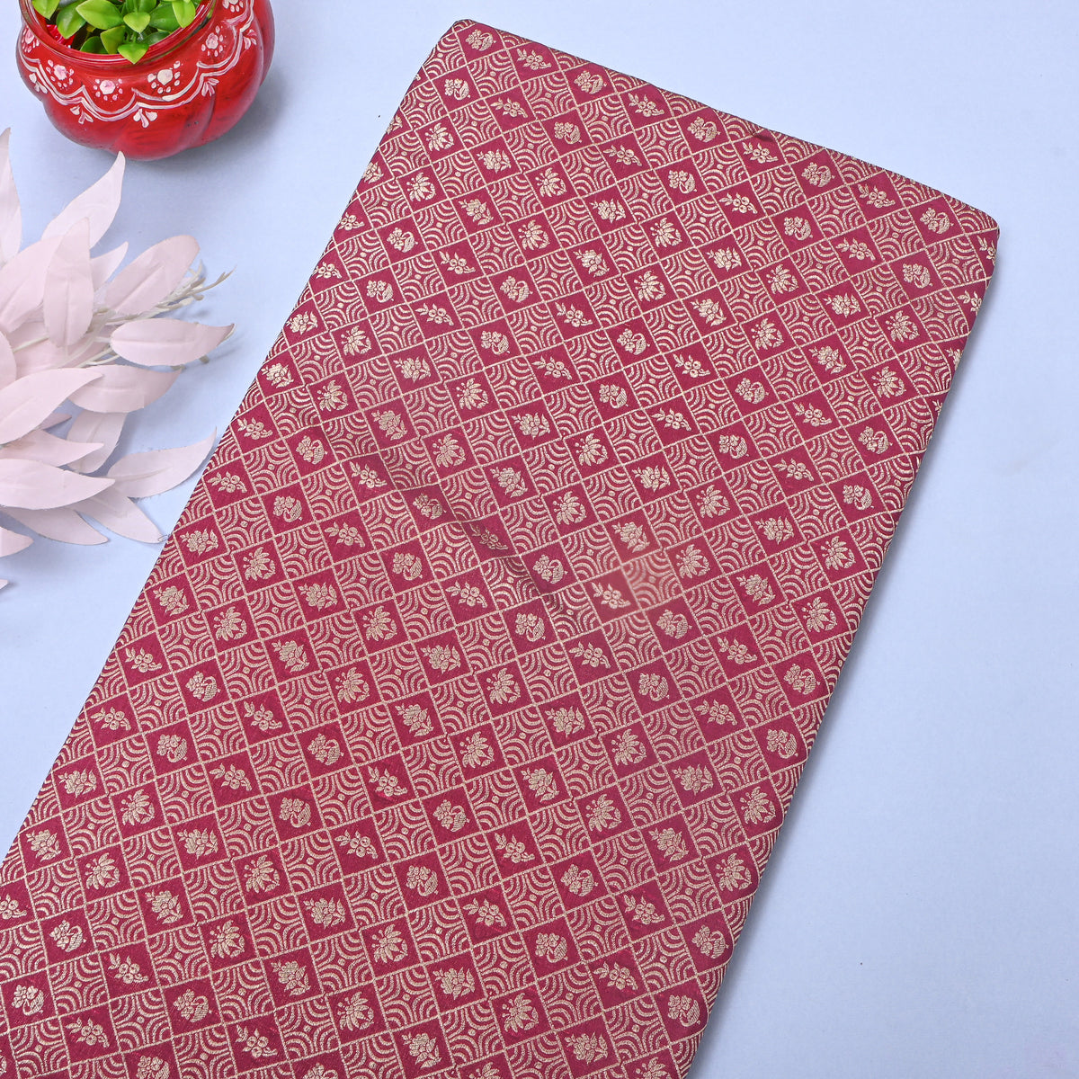 Megenta Gold Zari Checked Jamawar Silk Fabric
