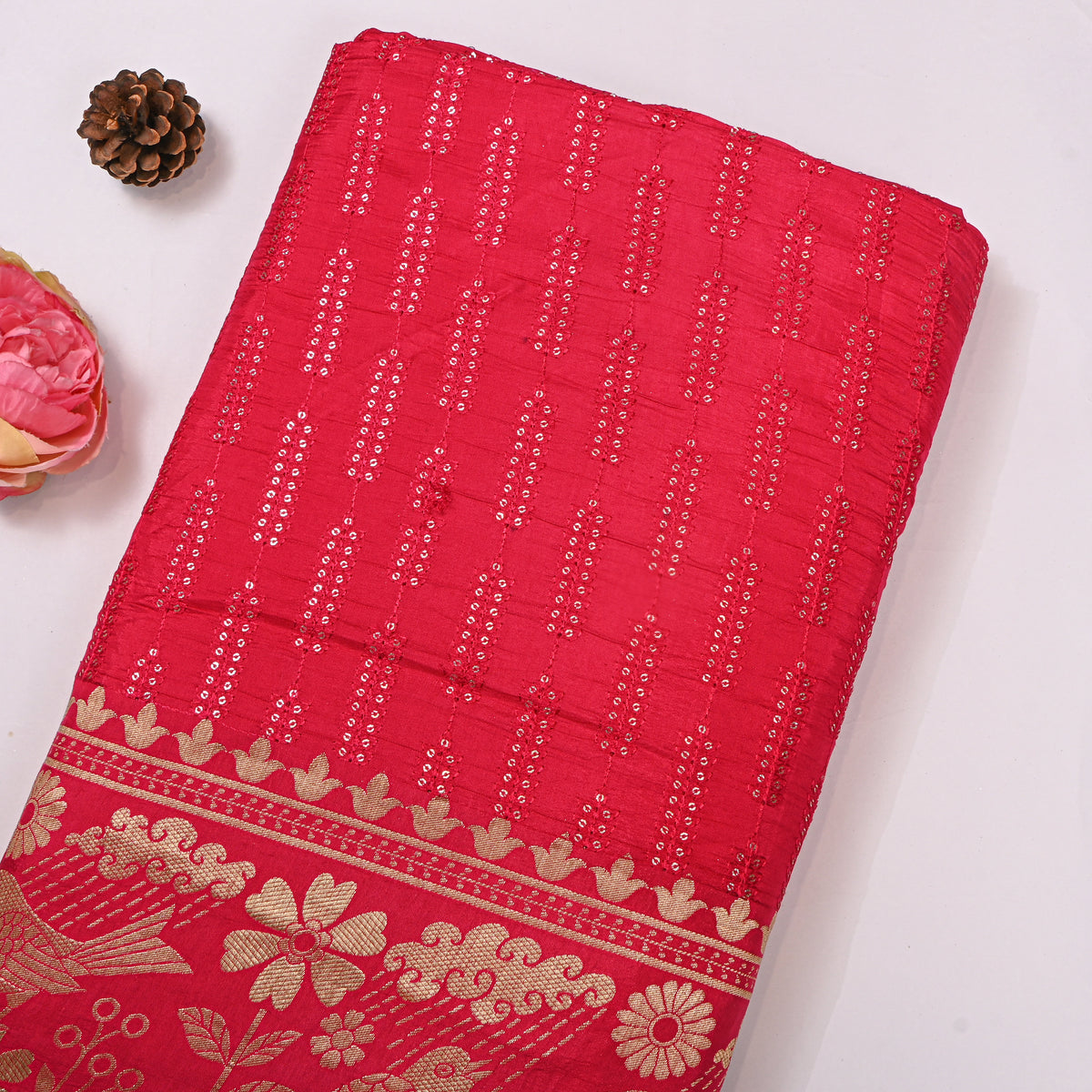 Rani Pink Sequin Leaf Stripe Embroidery Silk Fabric