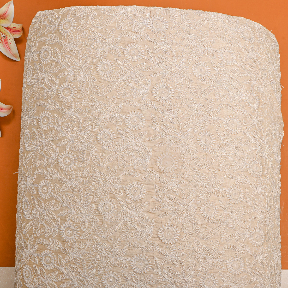 Cream Tissue Fabric With Floral Thread Work