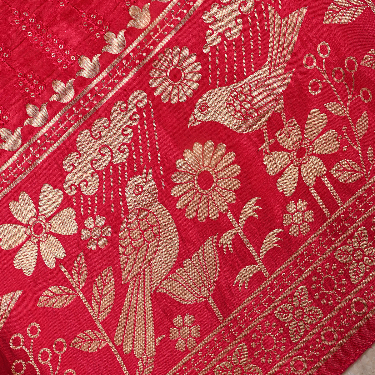 Rani Pink Sequin Leaf Stripe Embroidery Silk Fabric