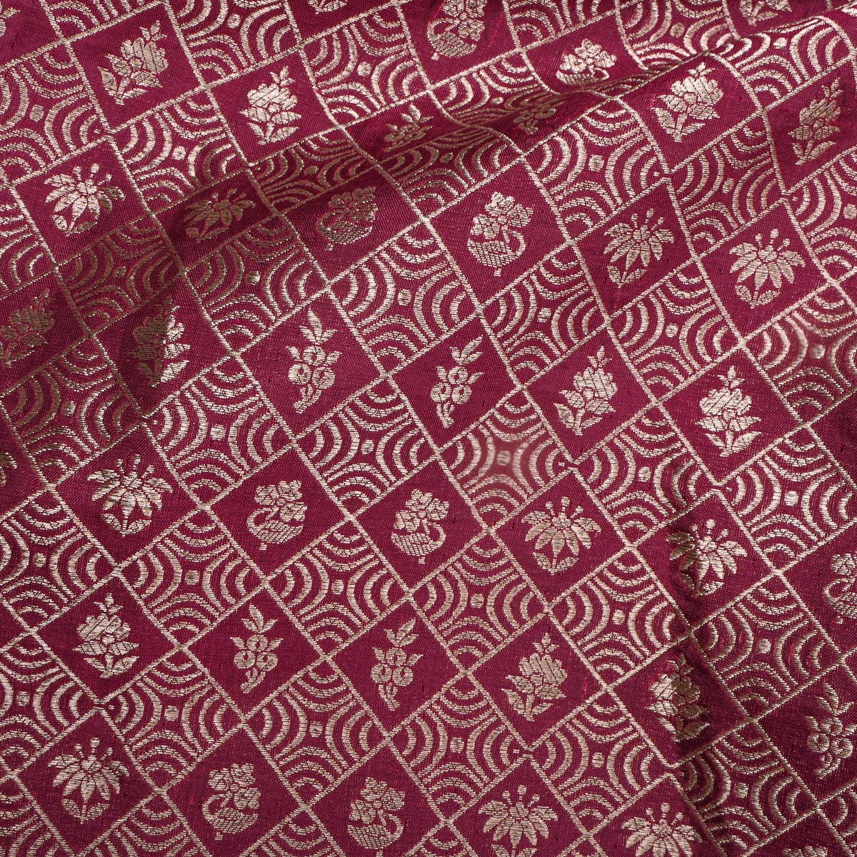 Megenta Gold Zari Checked Jamawar Silk Fabric