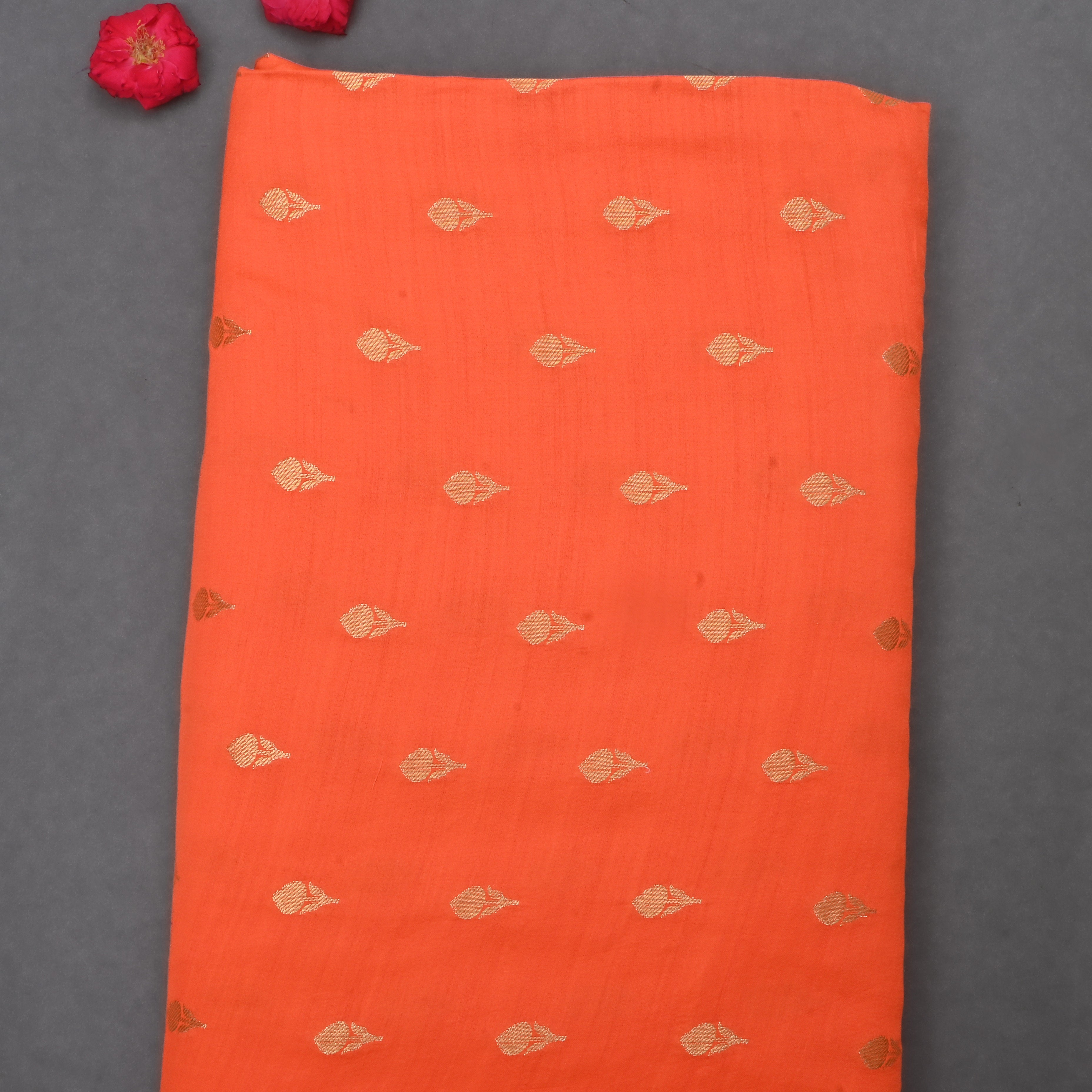 Portland Orange Jamawar Silk Fabric With Floral Butti'S