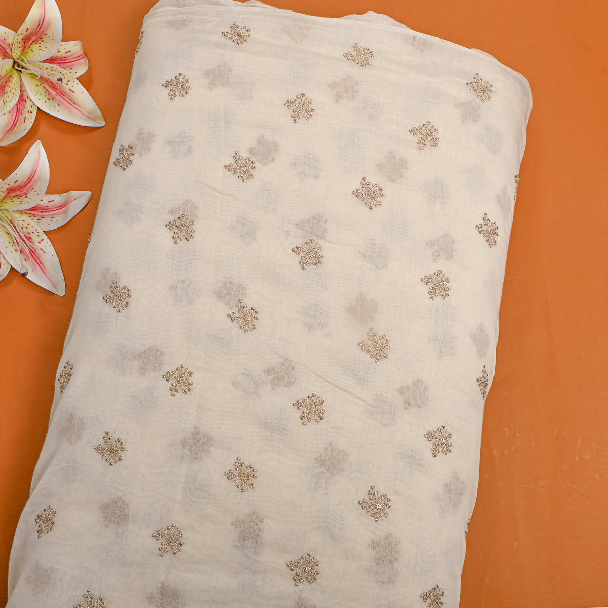 White Chanderi, Gold Butti Motif, Thin Gold Border