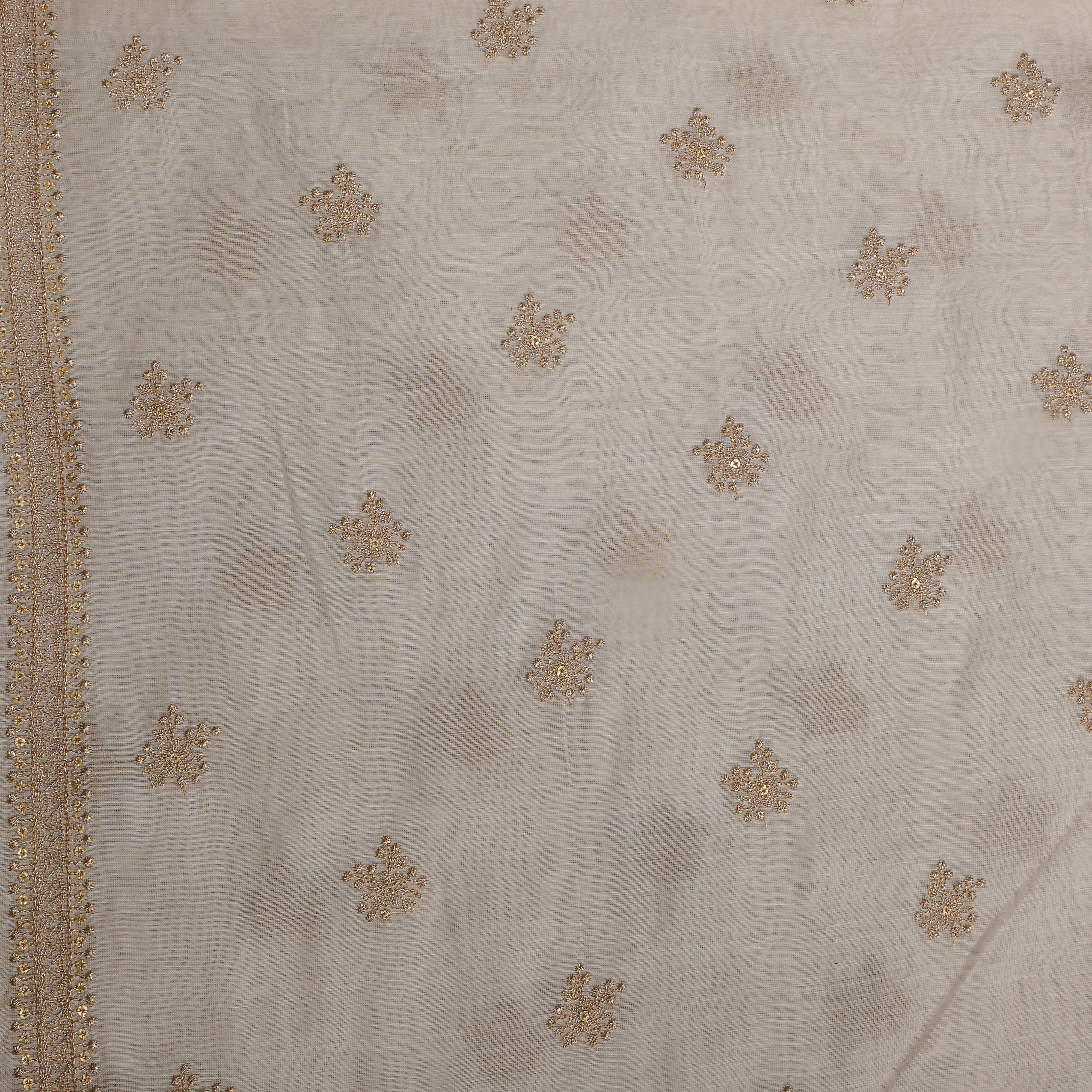 White Chanderi, Gold Butti Motif, Thin Gold Border