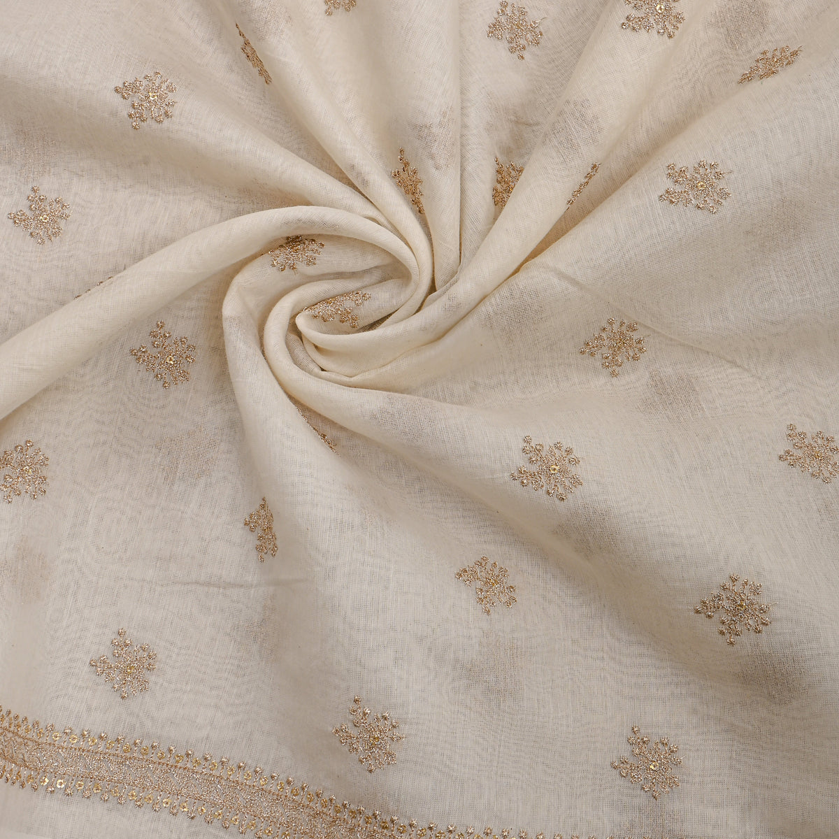 White Chanderi, Gold Butti Motif, Thin Gold Border