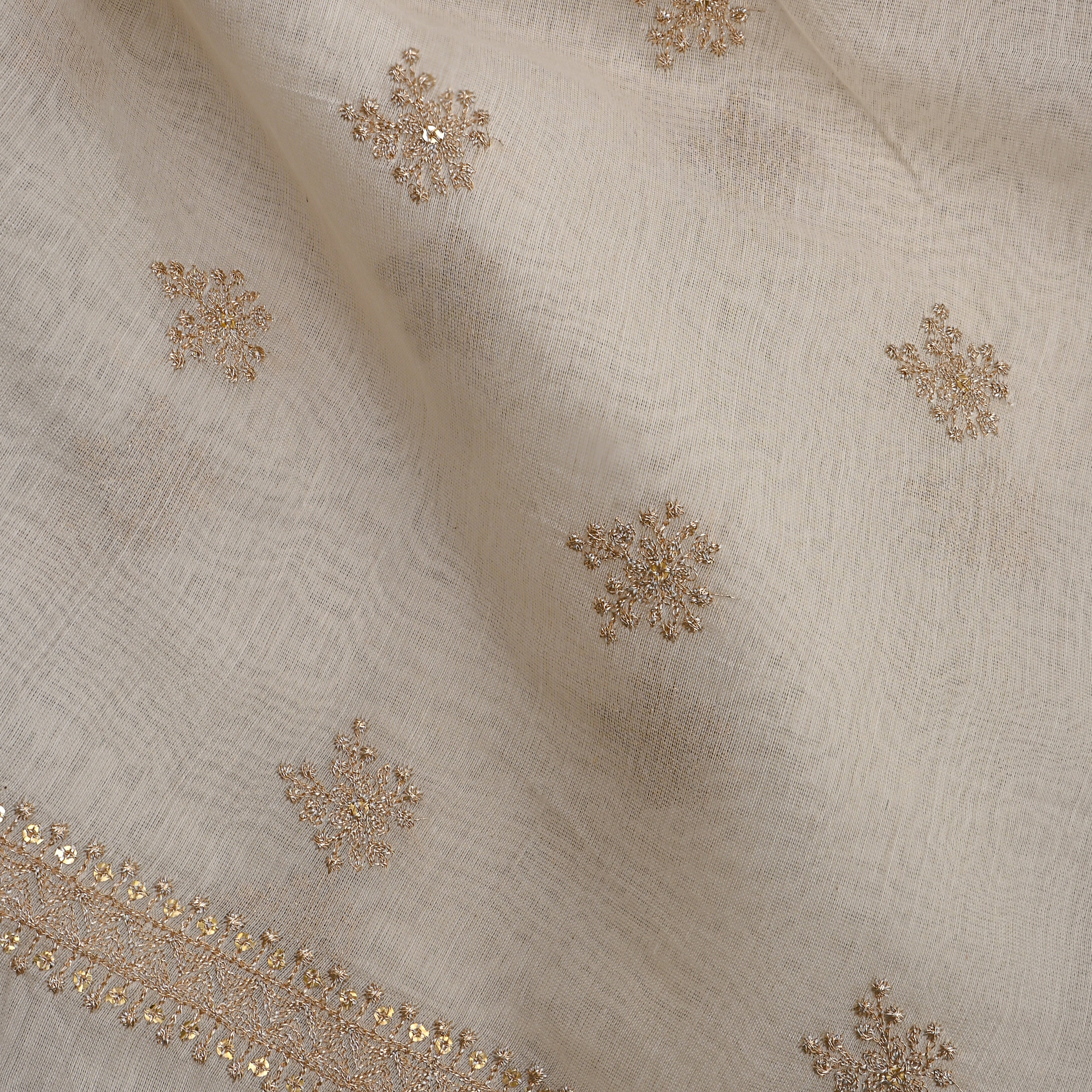White Chanderi, Gold Butti Motif, Thin Gold Border