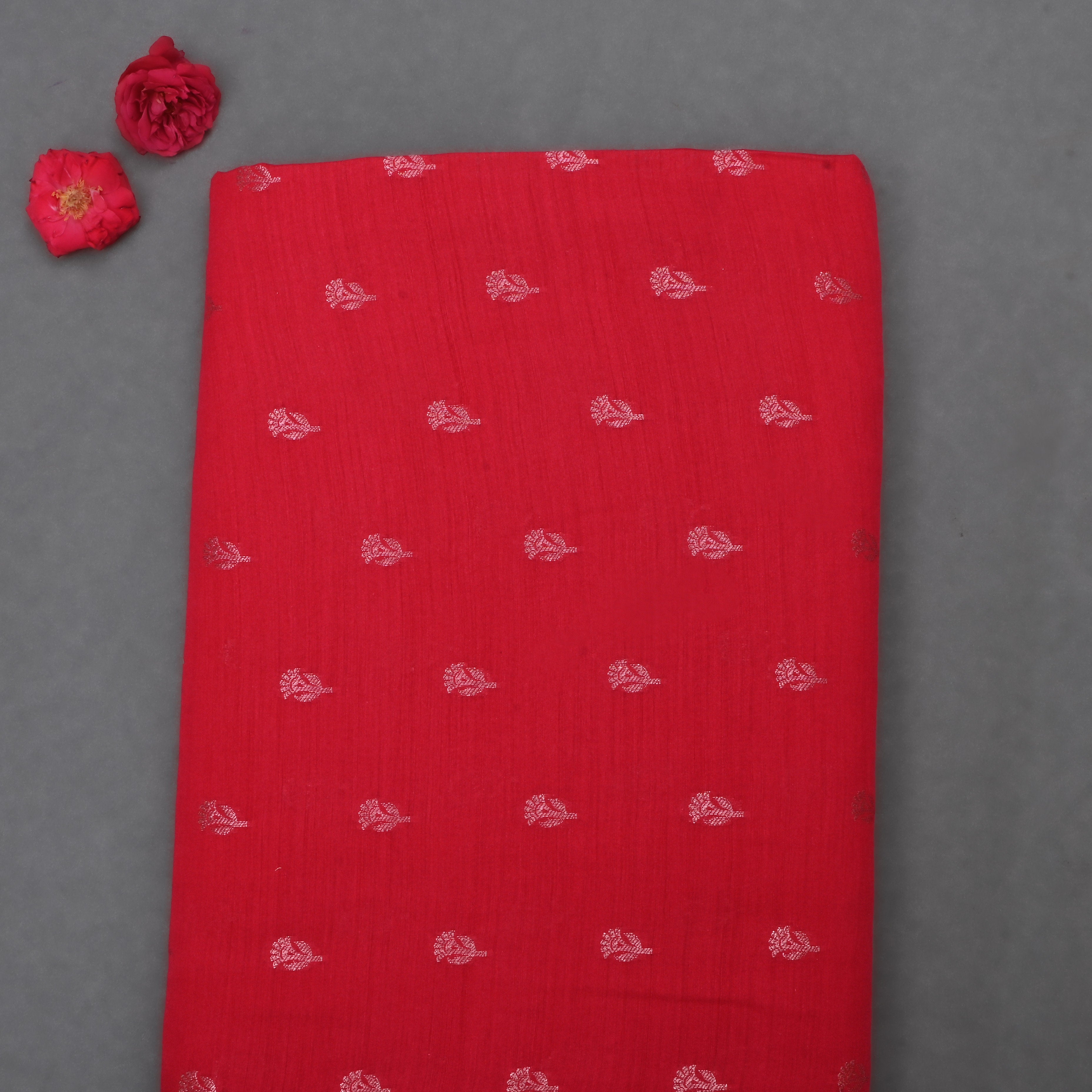 Cornell Red Jamawar Moonga Fabric With Butti'S