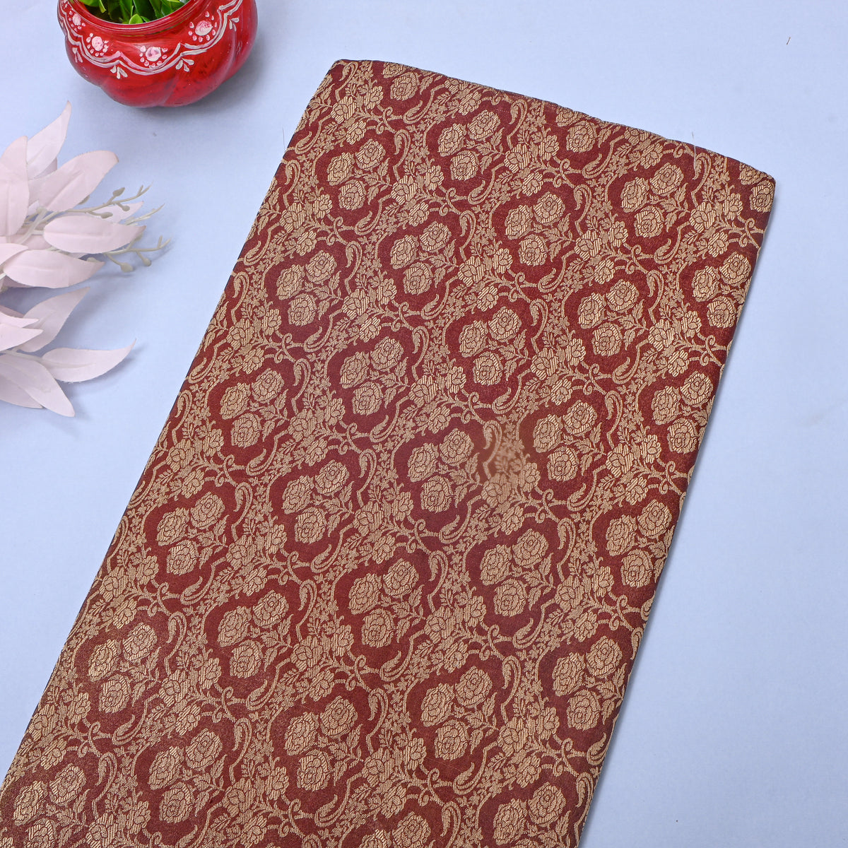 Rust Brown Antique Gold Zari Brocade Jamawar Silk Fabric