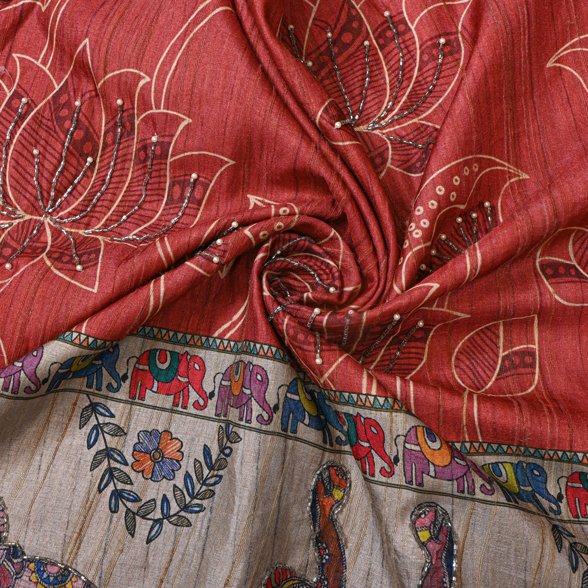 Brick Red Lotus Elephant Border Print Dupion Silk Fabric