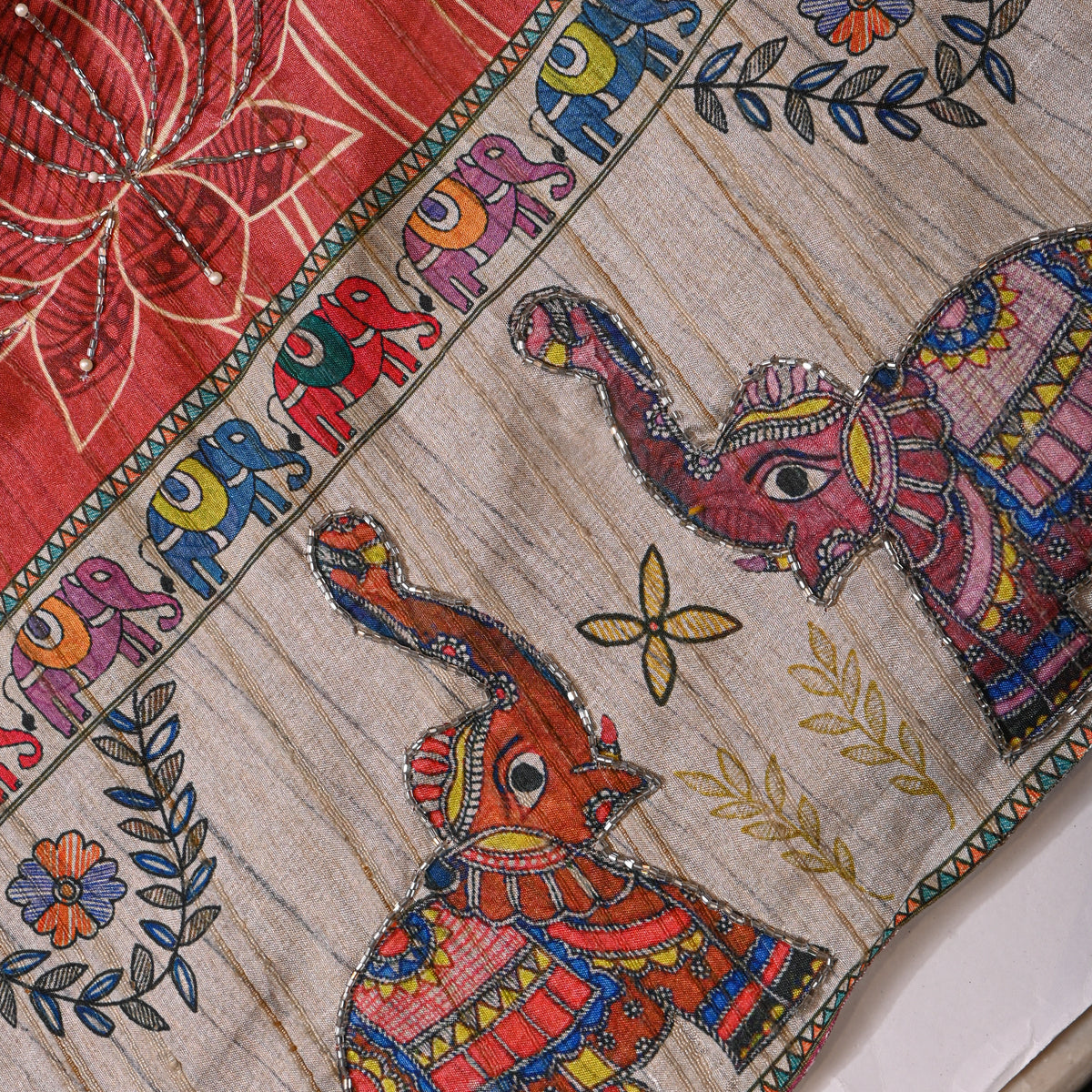 Brick Red Lotus Elephant Border Print Dupion Silk Fabric