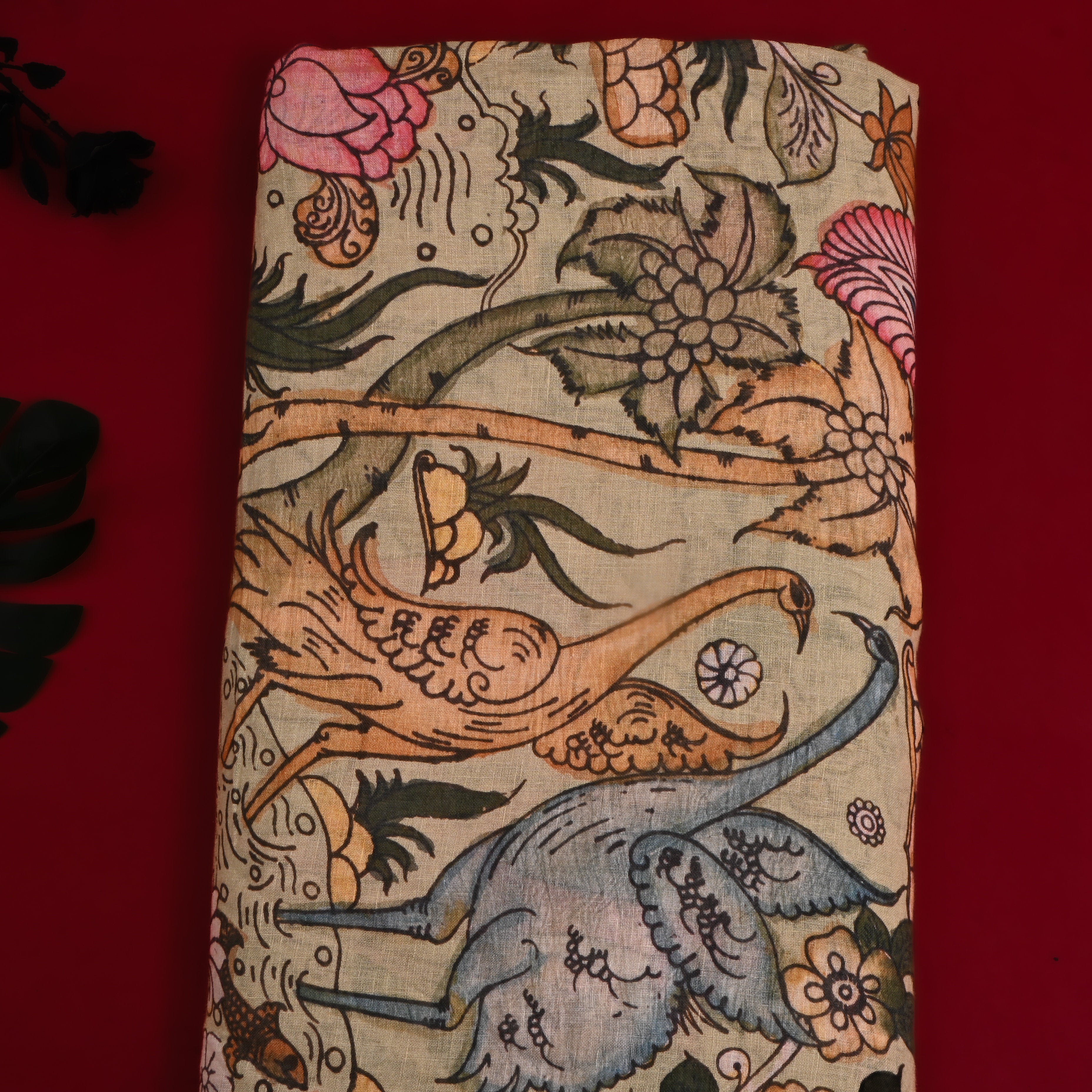 Pastel Beige Floral Printed Linen Fabric