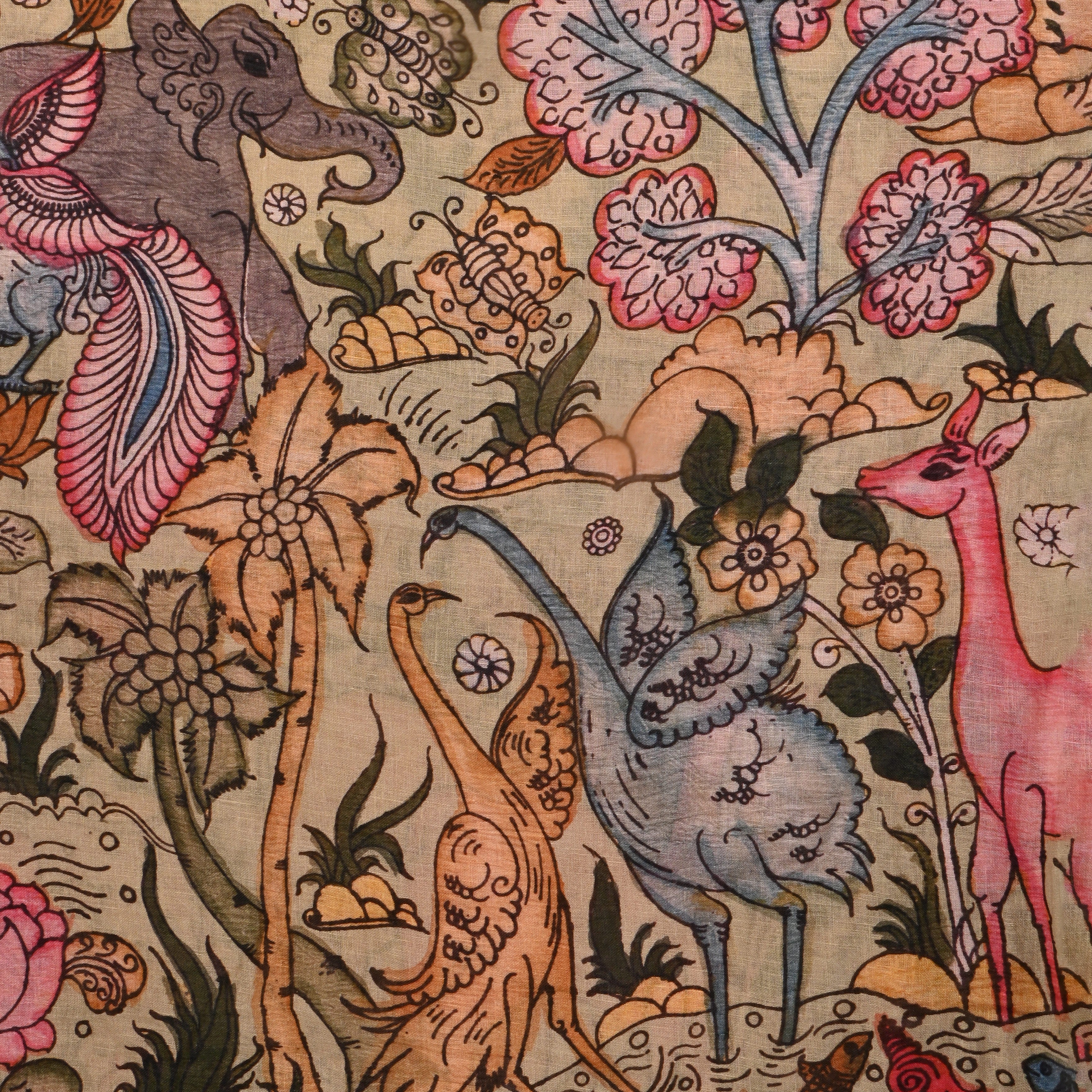 Pastel Beige Floral Printed Linen Fabric