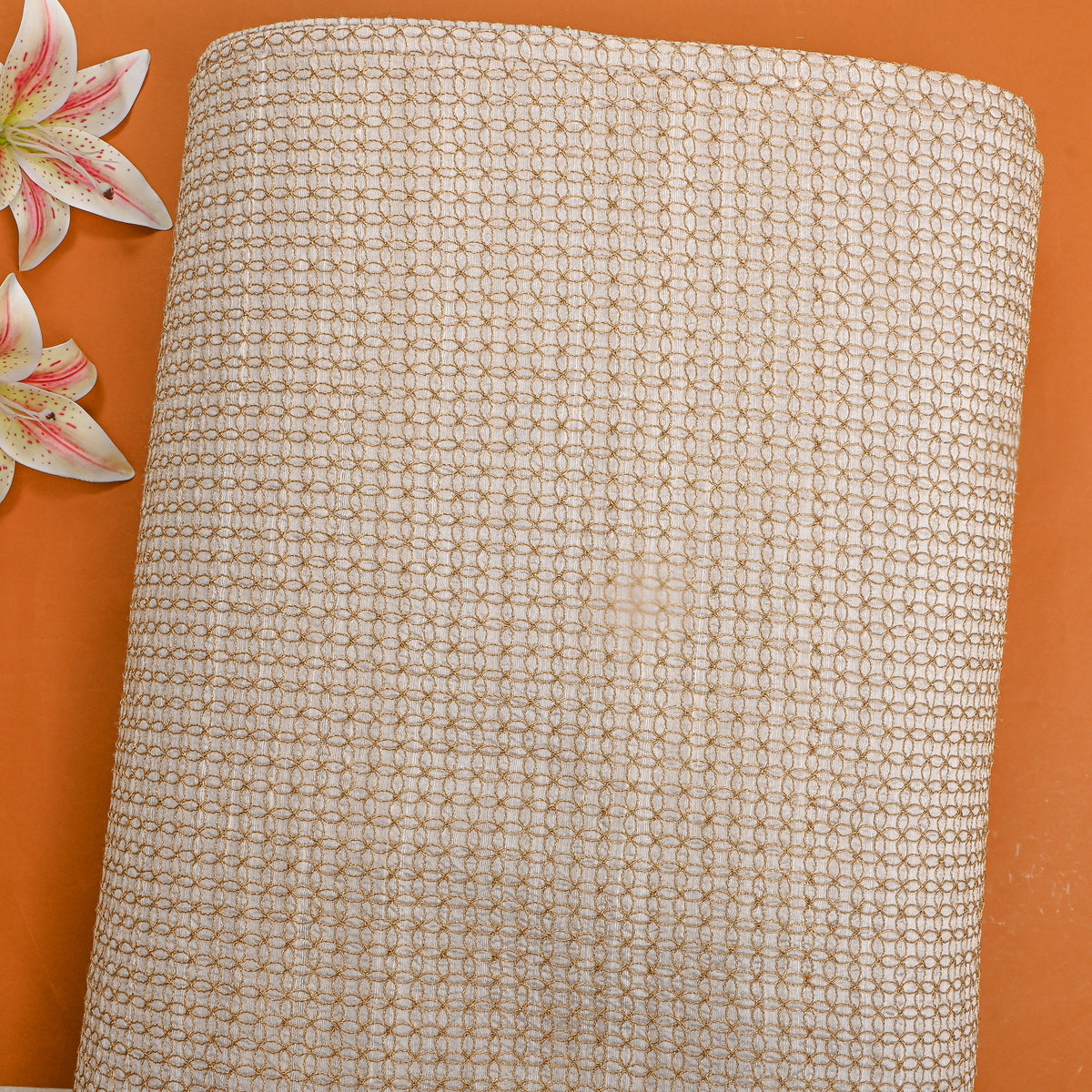 White Gold Geometric Weave Raw Silk Fabric