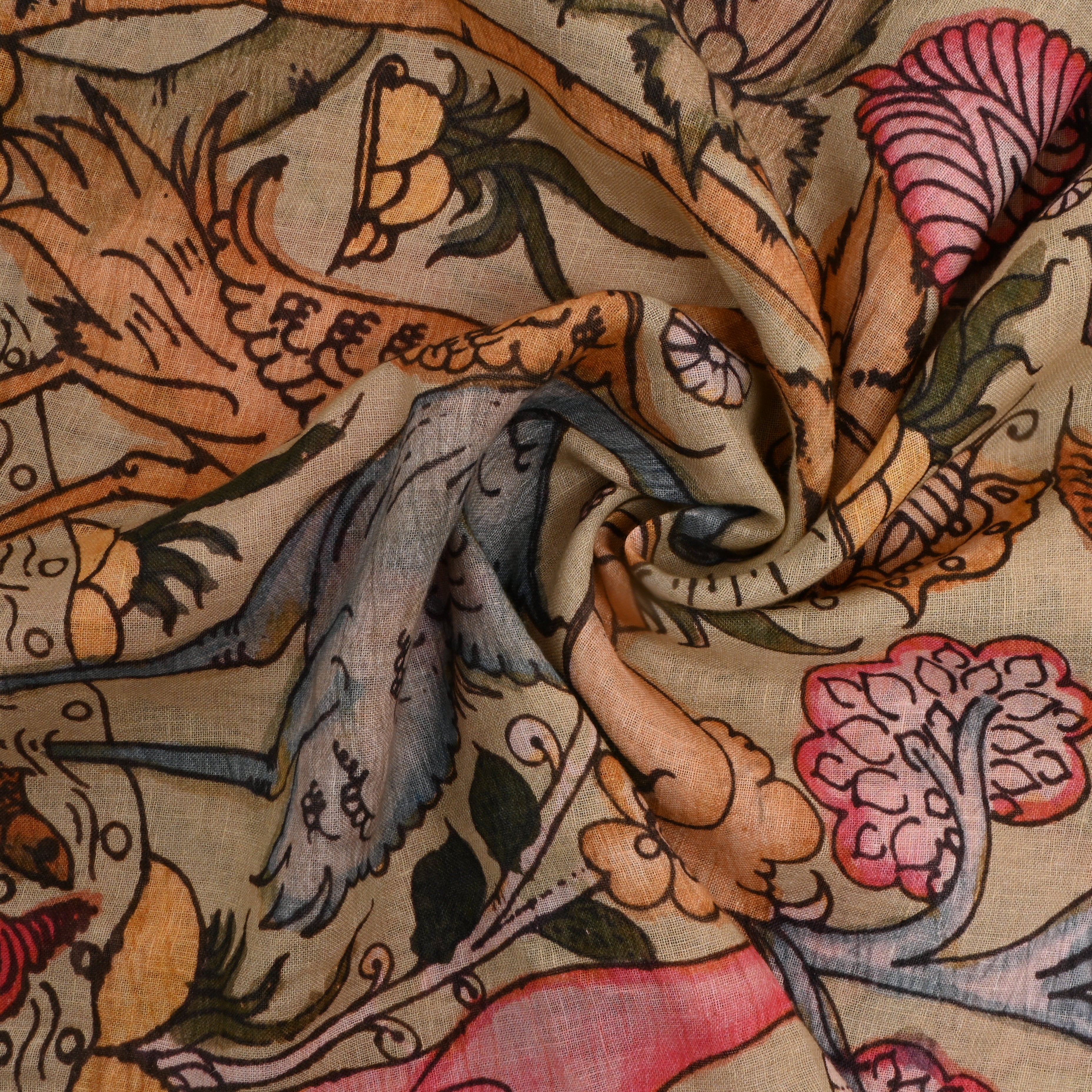 Pastel Beige Floral Printed Linen Fabric