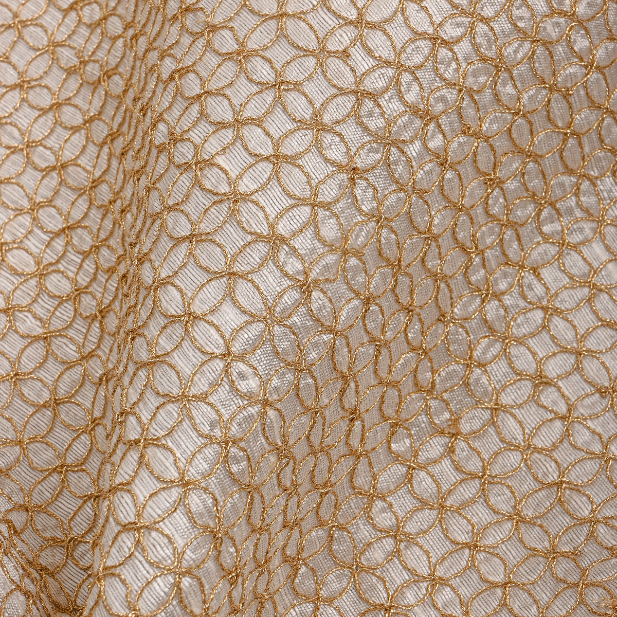 White Gold Geometric Weave Raw Silk Fabric