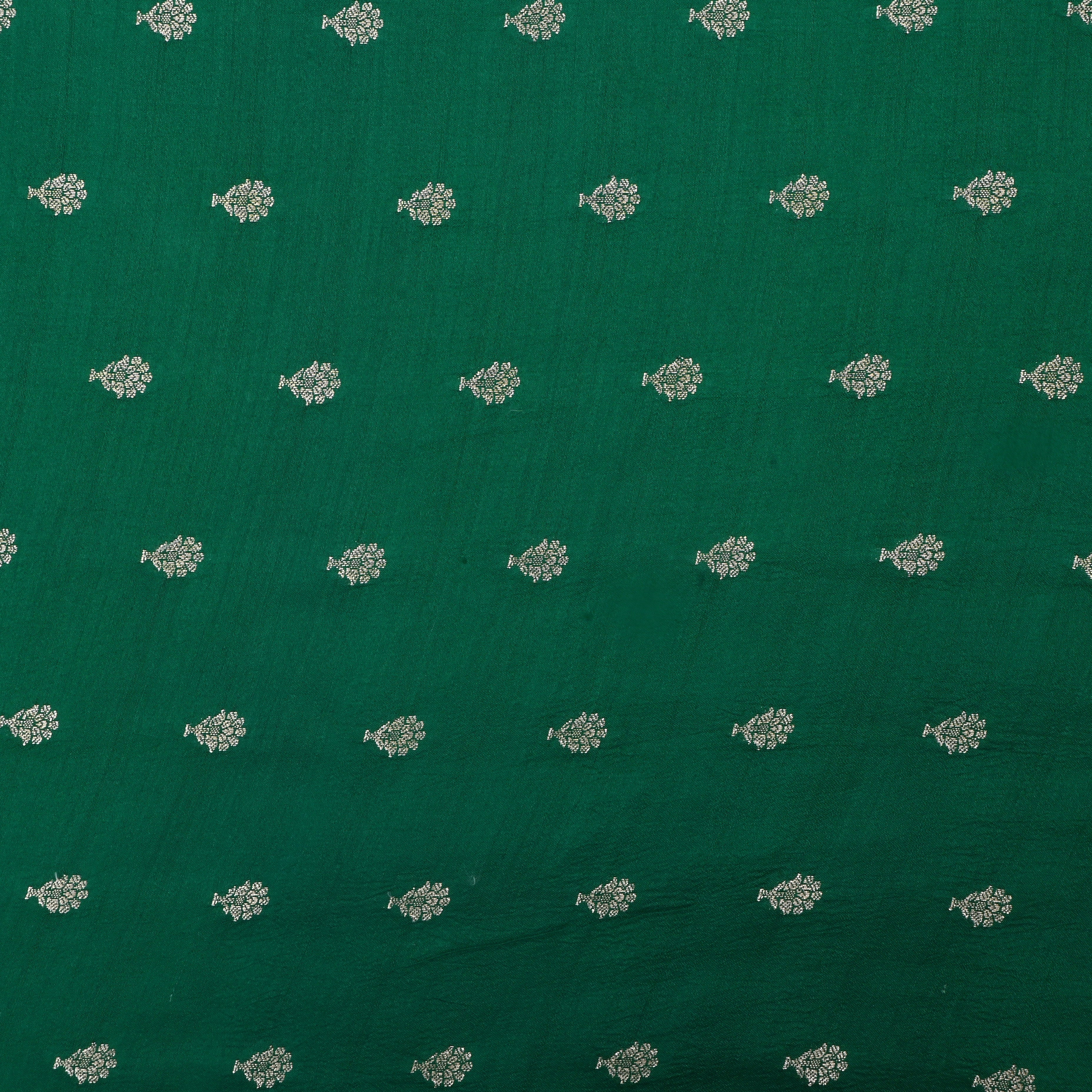 Spruce Green Jamawar Silk Fabric With Floral Butti'S