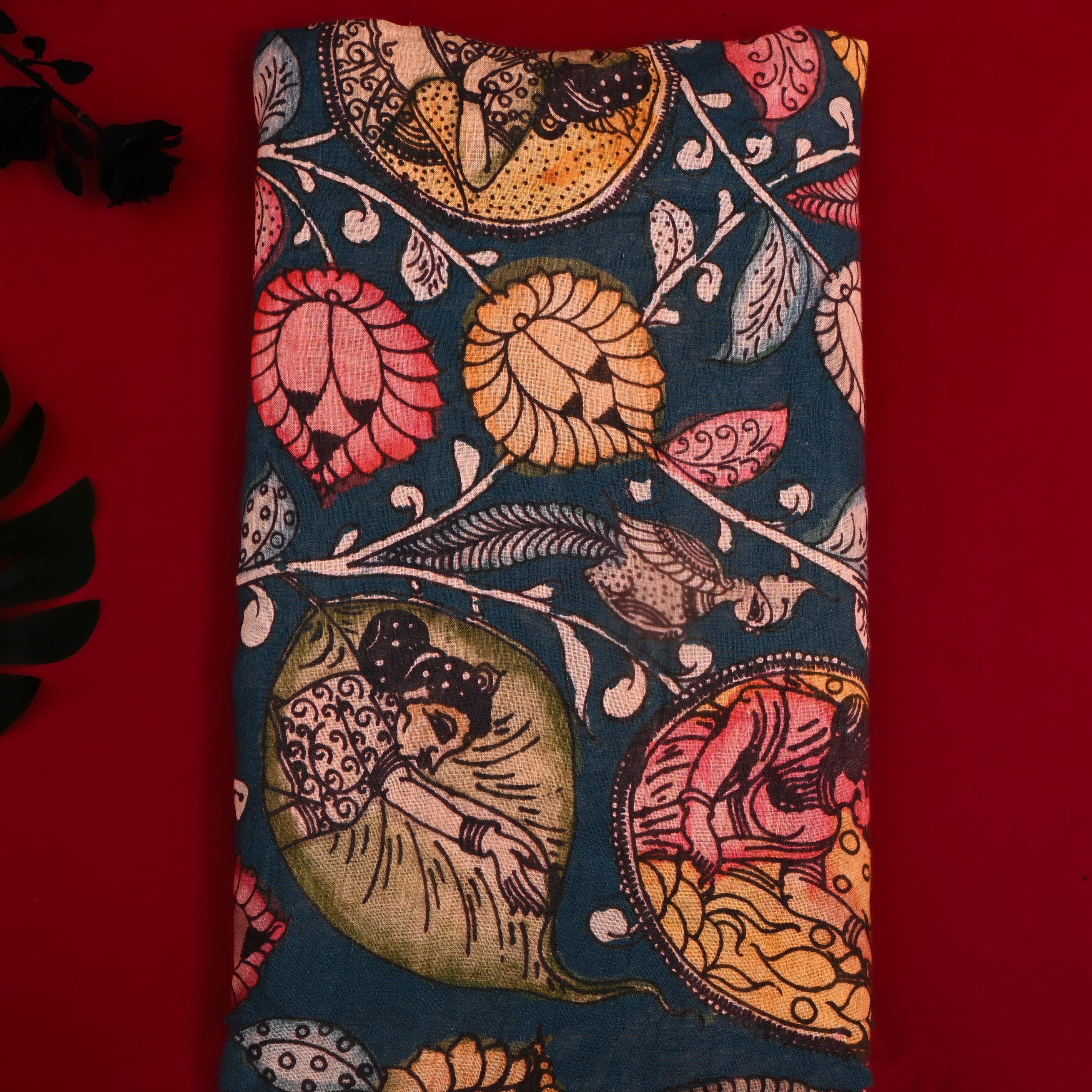 Navy Blue Floral Printed Linen Fabric